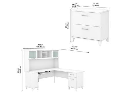 Bush Furniture Somerset 72"W L Shaped Desk with Hutch and Lateral File Cabinet, White