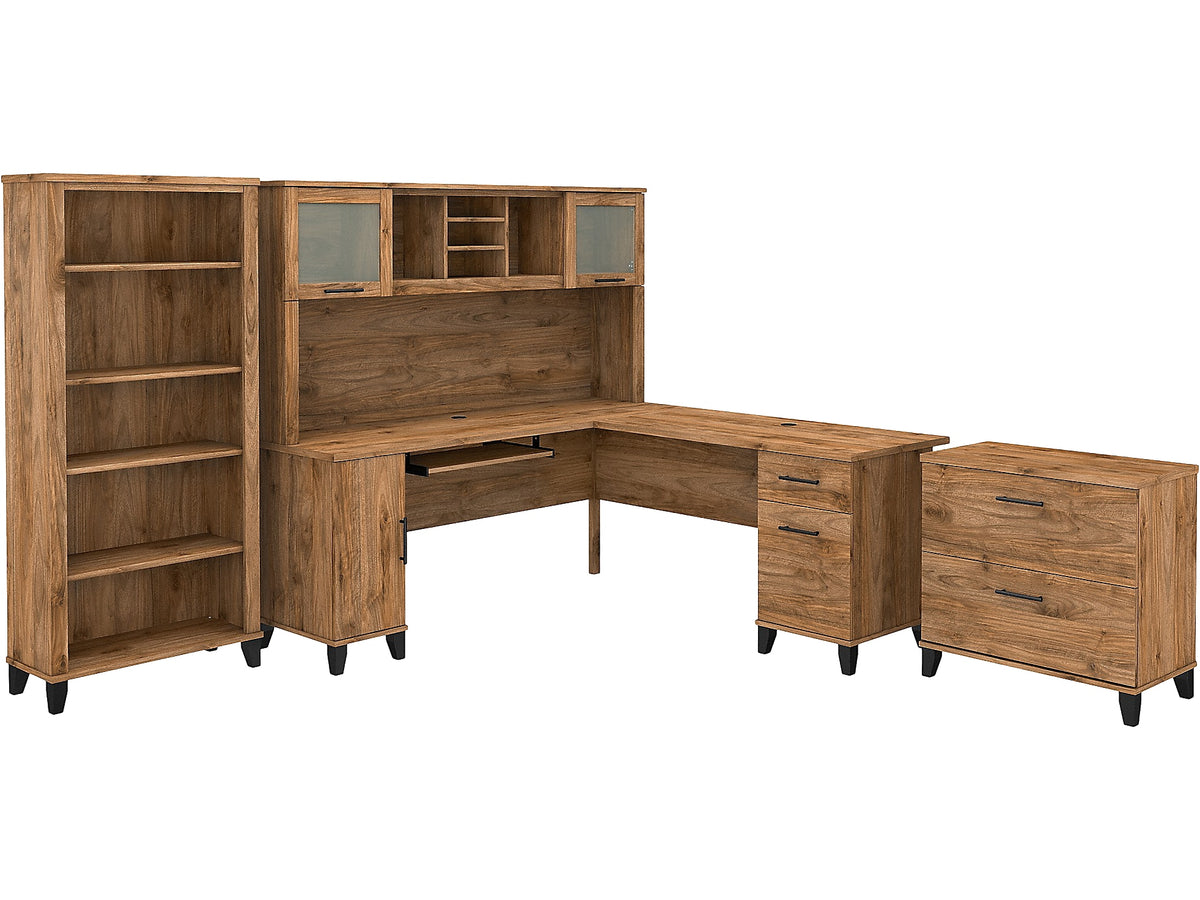 Bush Furniture Somerset 72"W L-Shaped Desk with Hutch, Lateral File Cabinet and 5-Shelf Bookcase, Fresh Walnut