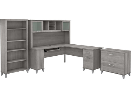 Bush Furniture Somerset 72"W L-Shaped Desk with Hutch, Lateral File Cabinet and Bookcase, Platinum Gray