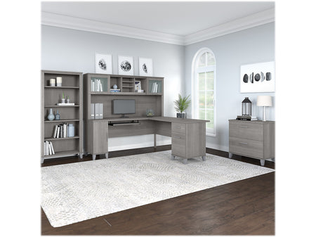 Bush Furniture Somerset 72"W L-Shaped Desk with Hutch, Lateral File Cabinet and Bookcase, Platinum Gray