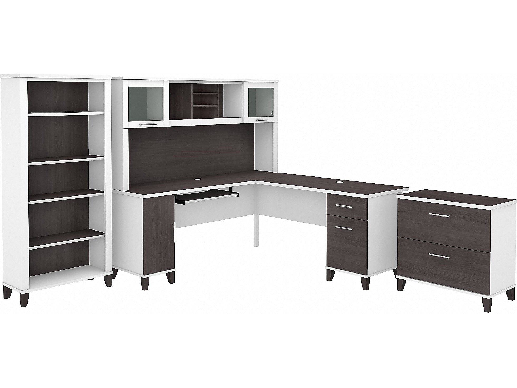 Bush Furniture Somerset 72"W L-Shaped Desk with Hutch, Lateral File Cabinet and Bookcase, Storm Gray/White