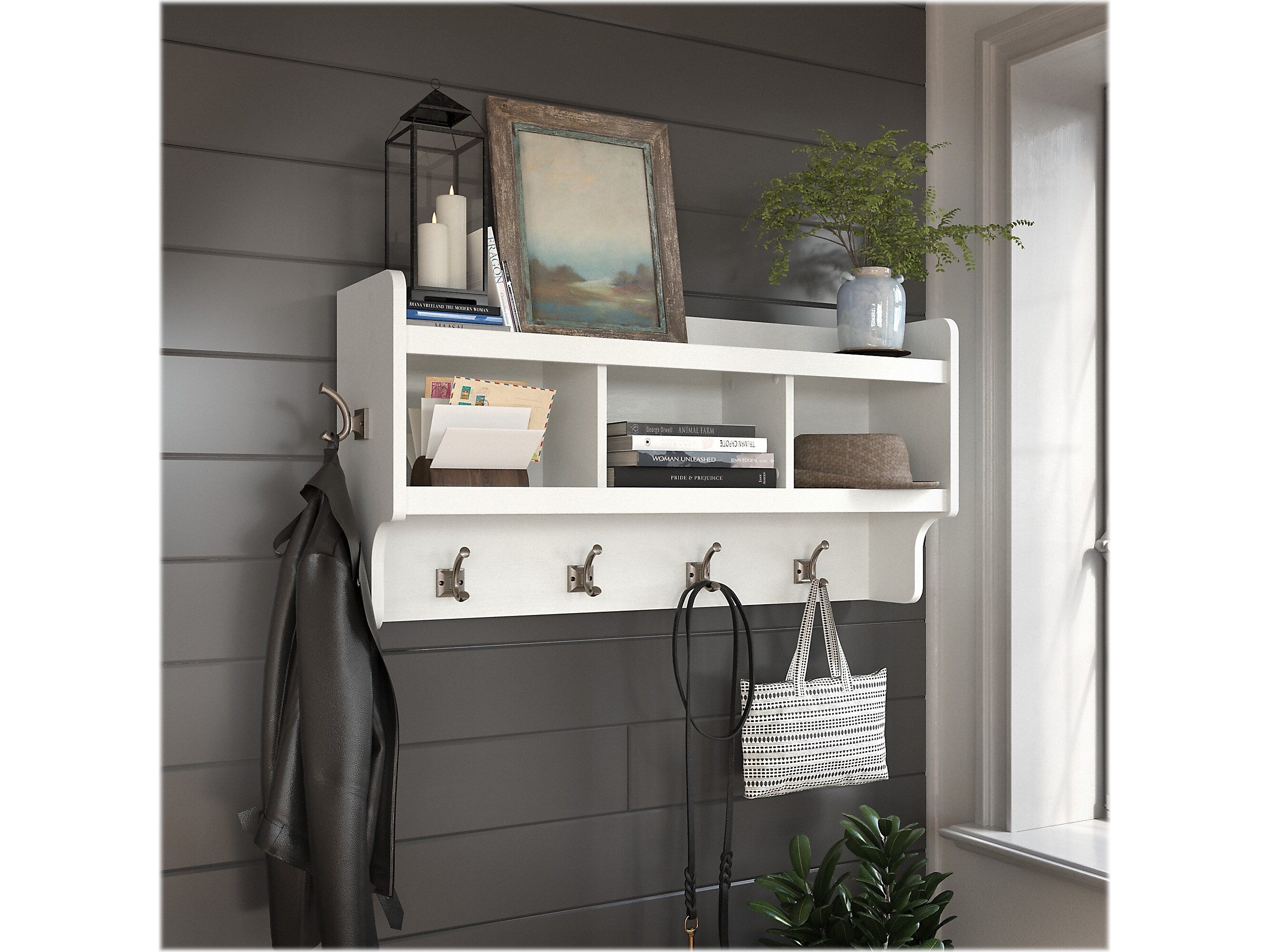 Bush Furniture Woodland 40W Wall Mounted Coat Rack with Shelf, White Ash