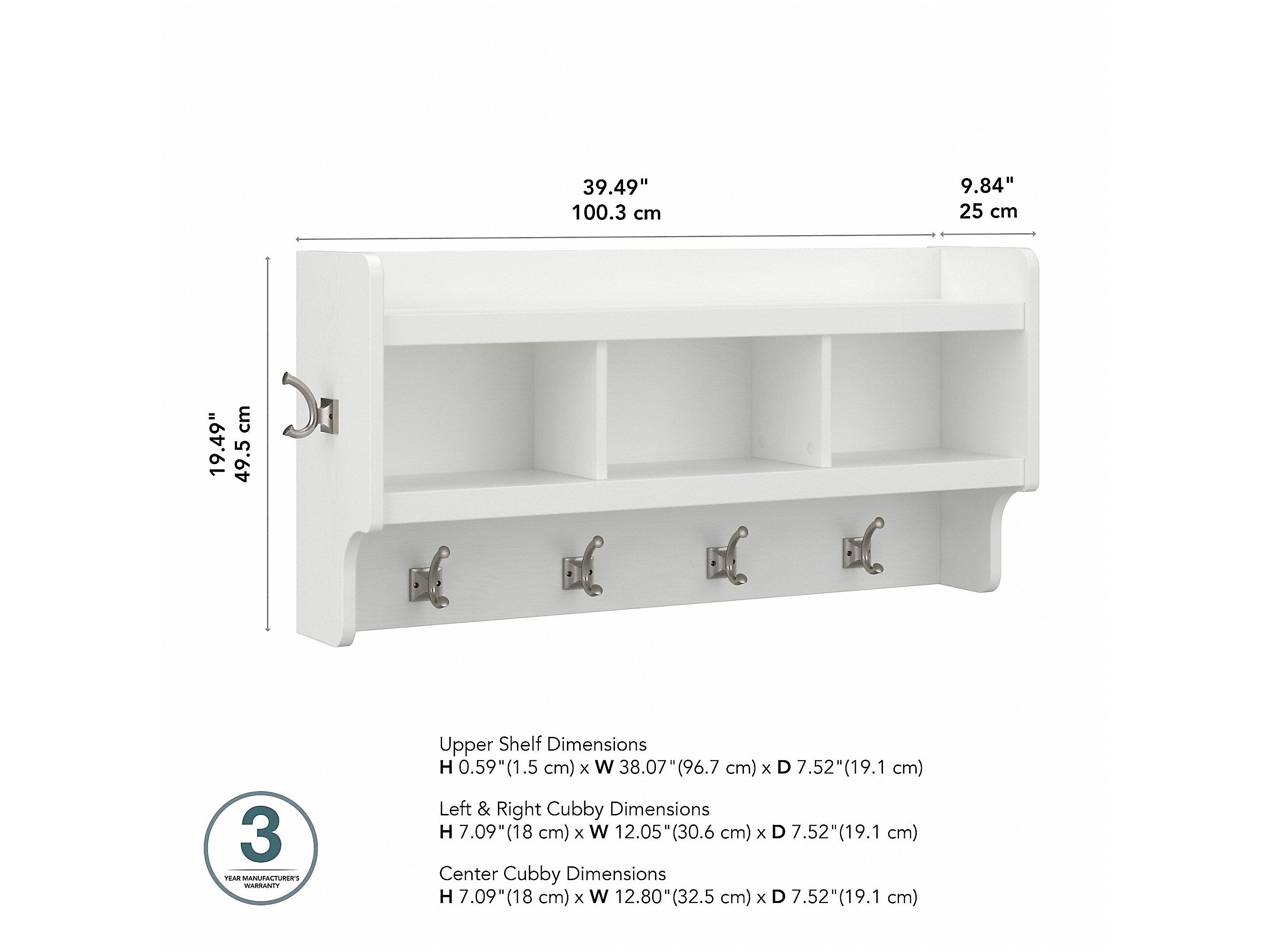 Bush Furniture Woodland 40W Wall Mounted Coat Rack with Shelf, White Ash