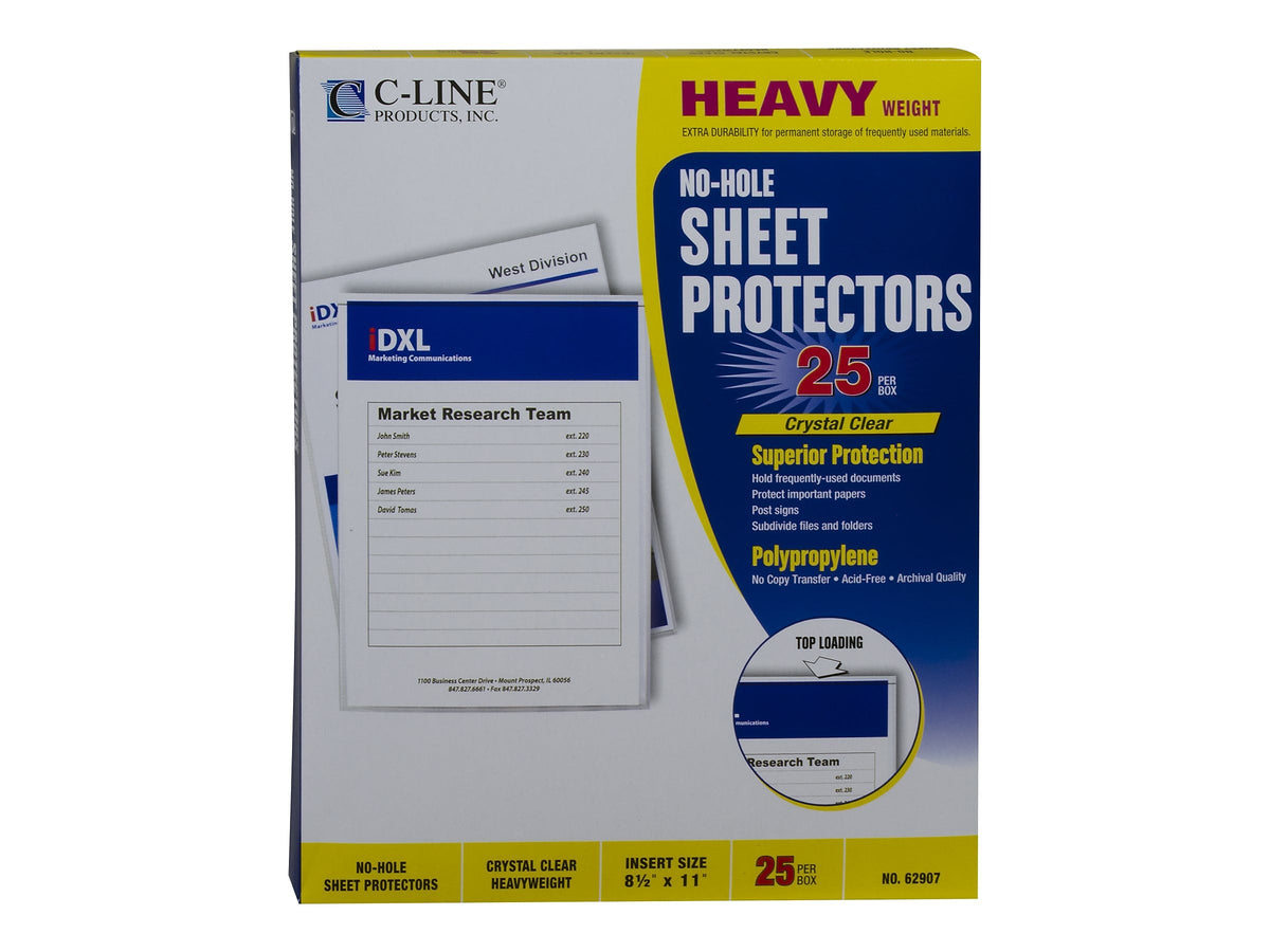 C-Line Heavyweight No-Hole Sheet Protectors, 8-1/2" x 11", Clear, 25/Box