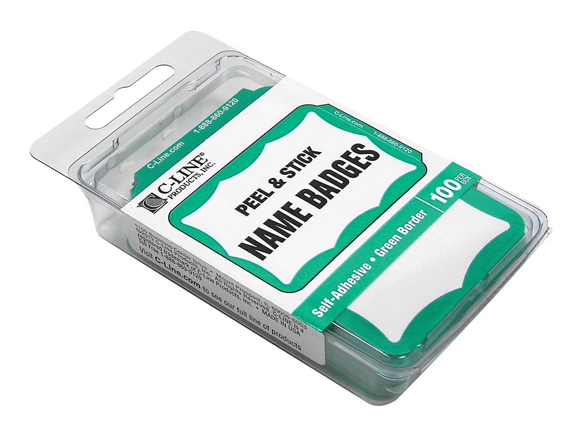 C-Line Sticker Name Tags/Labels, White with Green Border, 100/Box