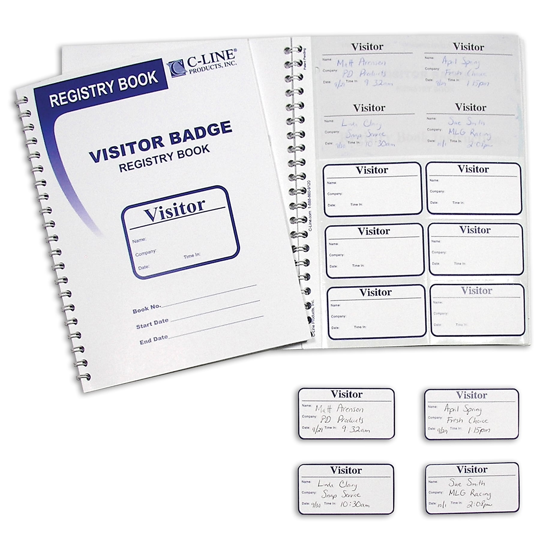 C-Line Visitor Badges with Registry Log, 3 5/8 x 1 7/8, White, 150 Badges/Box