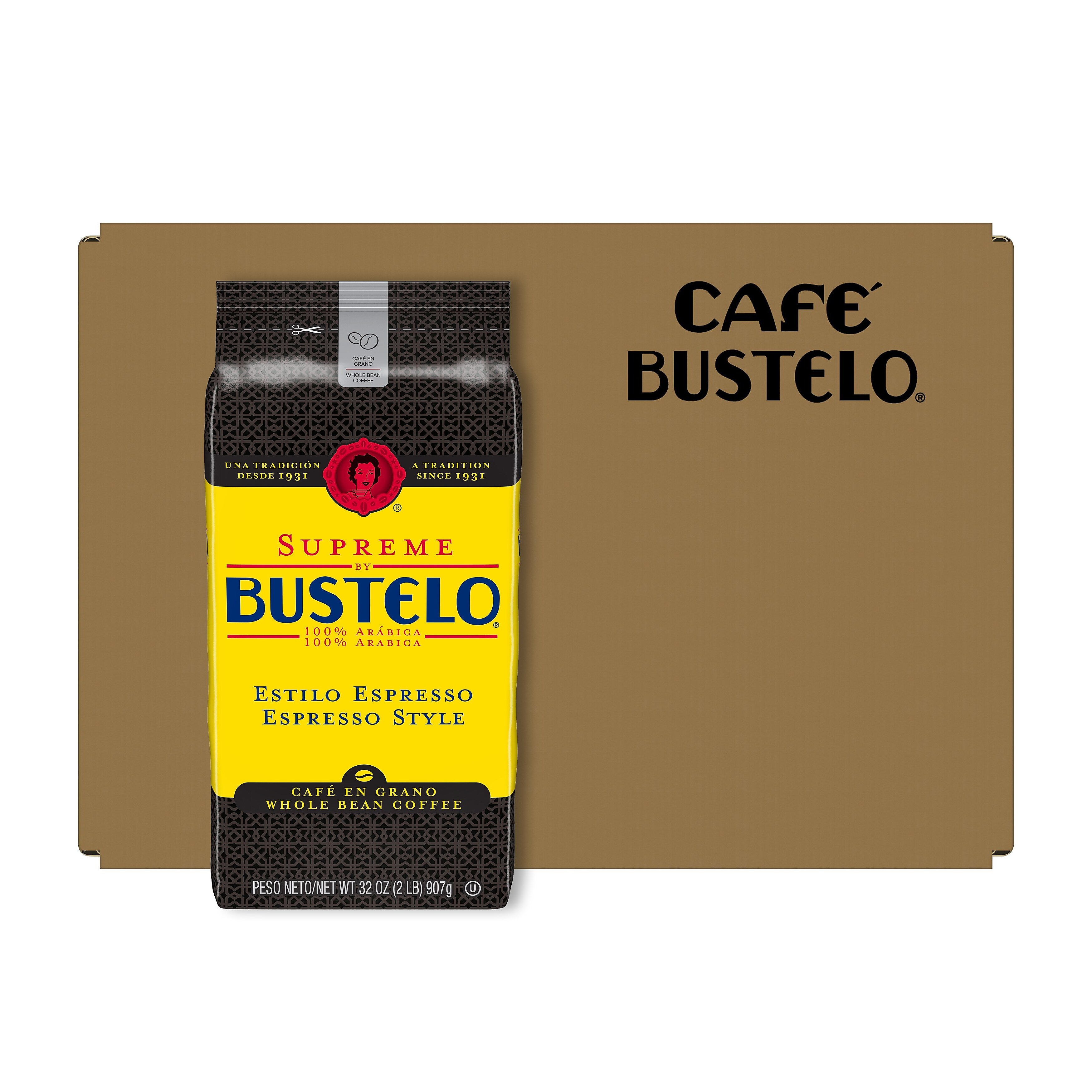 Cafe Bustelo Supreme Espresso Caffeinated Whole Bean Coffee, Dark Roast, 32 oz., Each