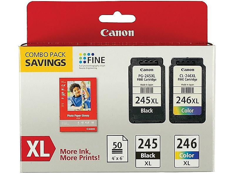 Canon 245XL/246XL Black and TriColor Ink Cartridge, 2/Pack with 4x6 photo paper
