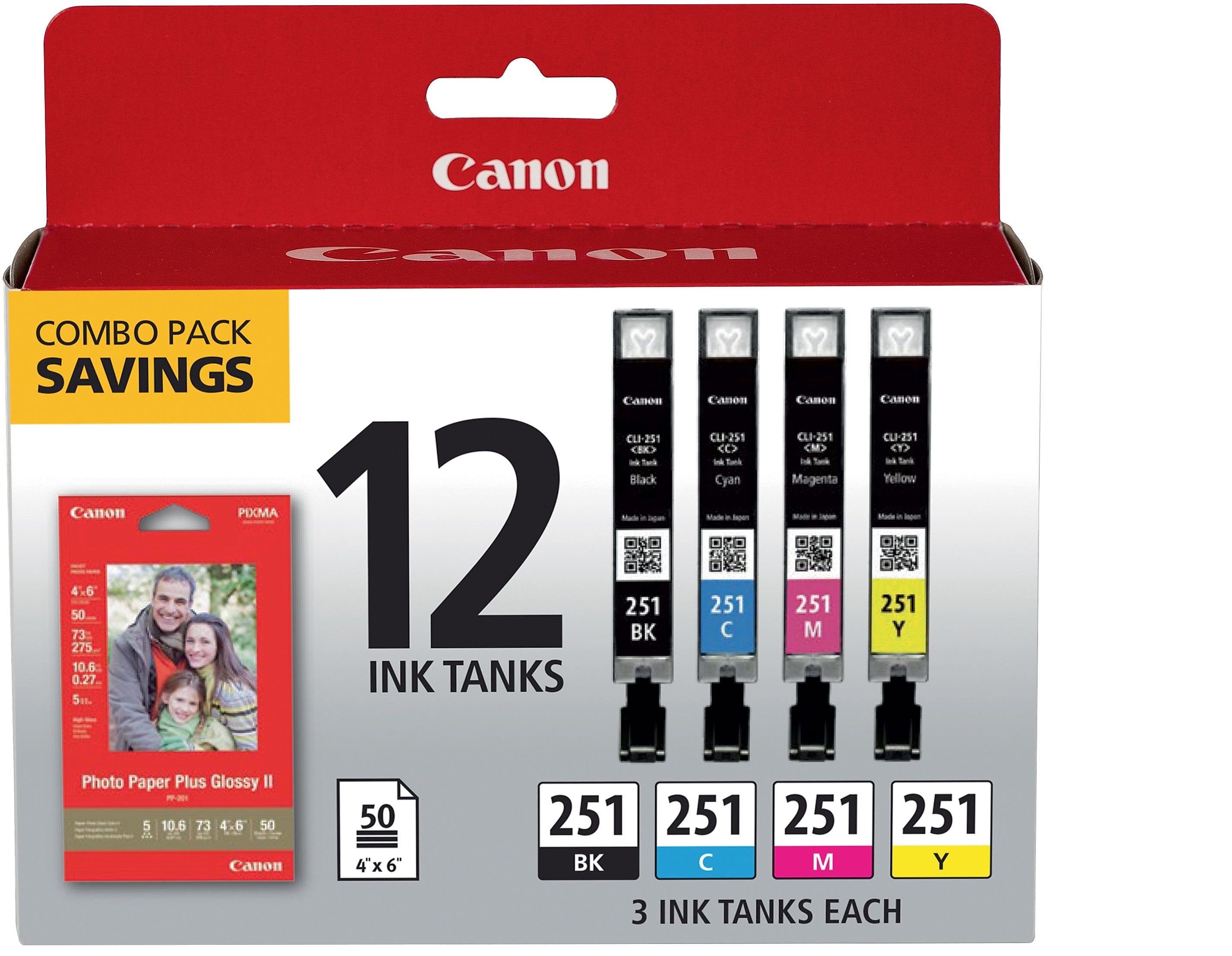 Canon 251 Black/Cyan/Magenta/Yellow Standard Yield Ink Cartridge, 12/Pack