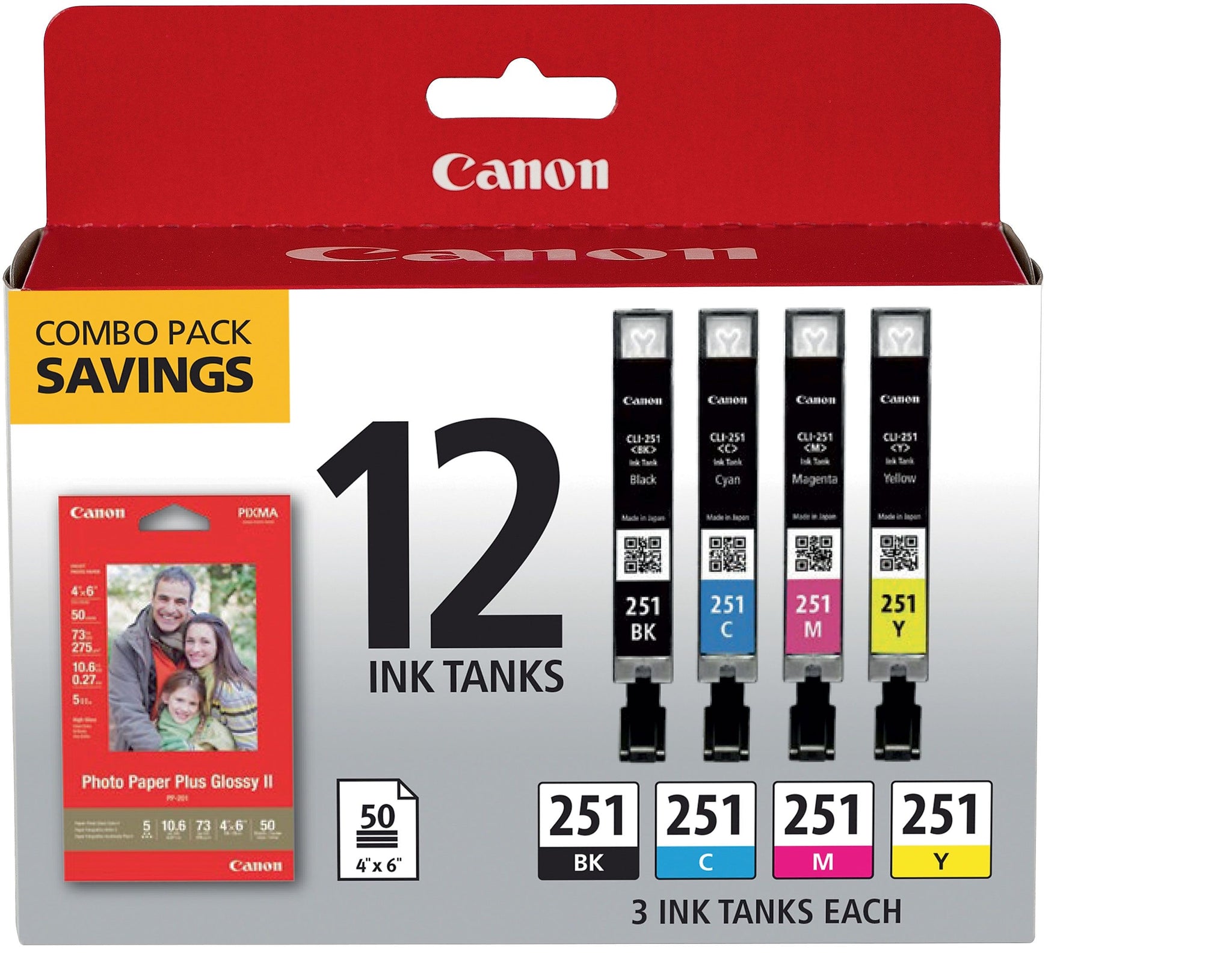 Canon 251 Black/Cyan/Magenta/Yellow Standard Yield Ink Cartridge, 12/Pack