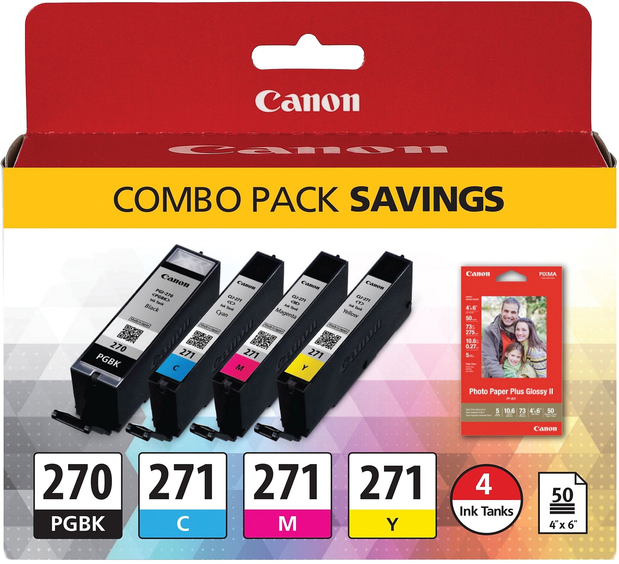 Canon 270/271 Black/Cyan/Magenta/Yellow Standard Yield Ink Cartridge, 4/Pack