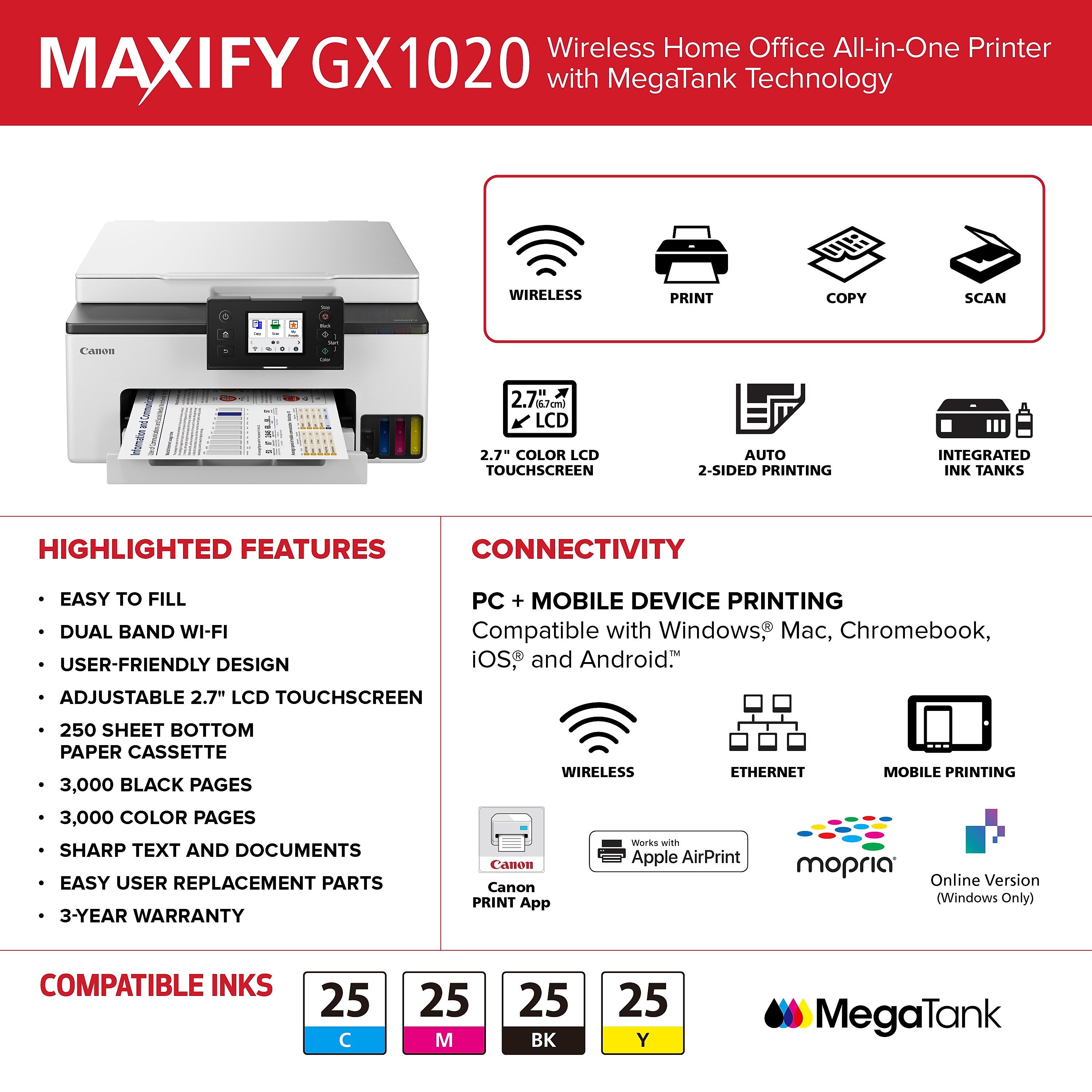 Canon MAXIFY GX1020 Inkjet Printer, All-in-One Supertank, Print, Scan, Copy