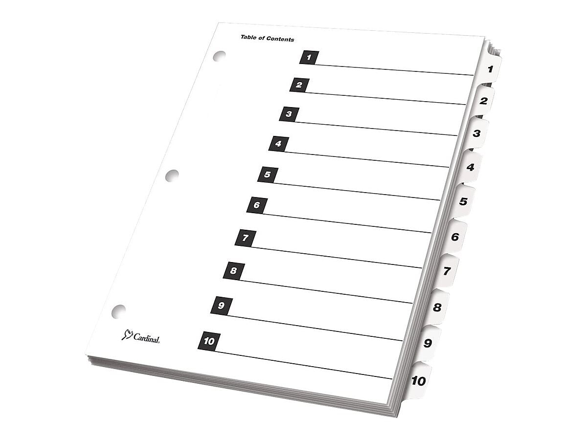 Cardinal OneStep Index System Numeric Paper Dividers, 10-Tab, White