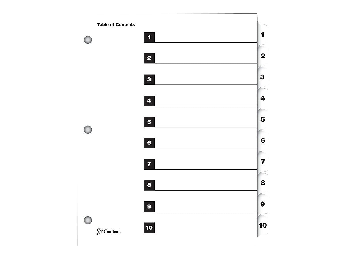 Cardinal OneStep Index System Numeric Paper Dividers, 10-Tab, White