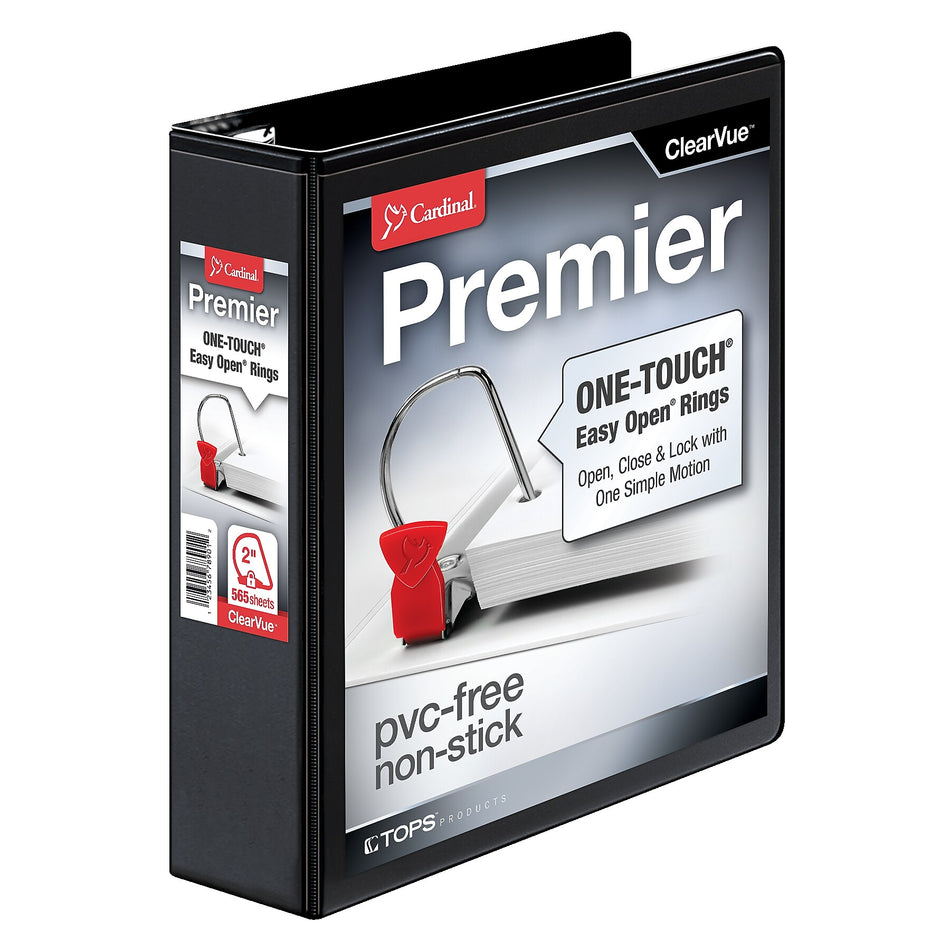 Cardinal Premier Heavy Duty 2" 3-Ring View Binders, D-Ring, Black