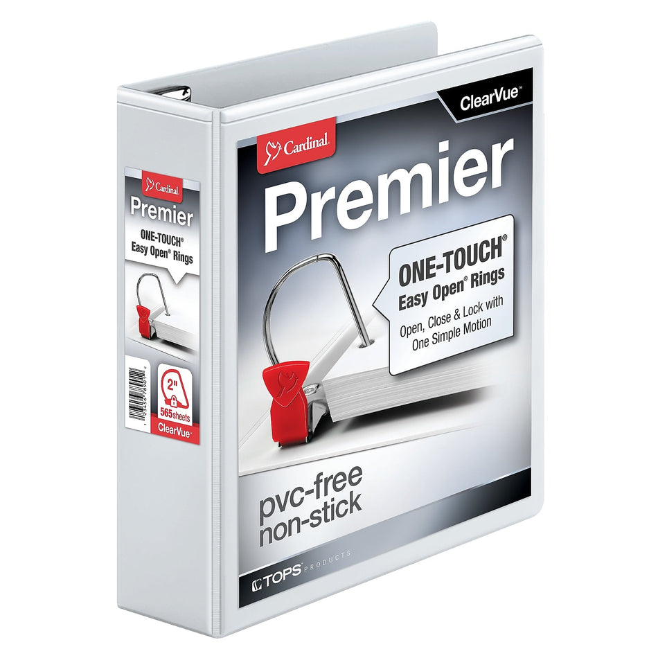 Cardinal Premier Heavy Duty 2" 3-Ring View Binders, D-Ring, White