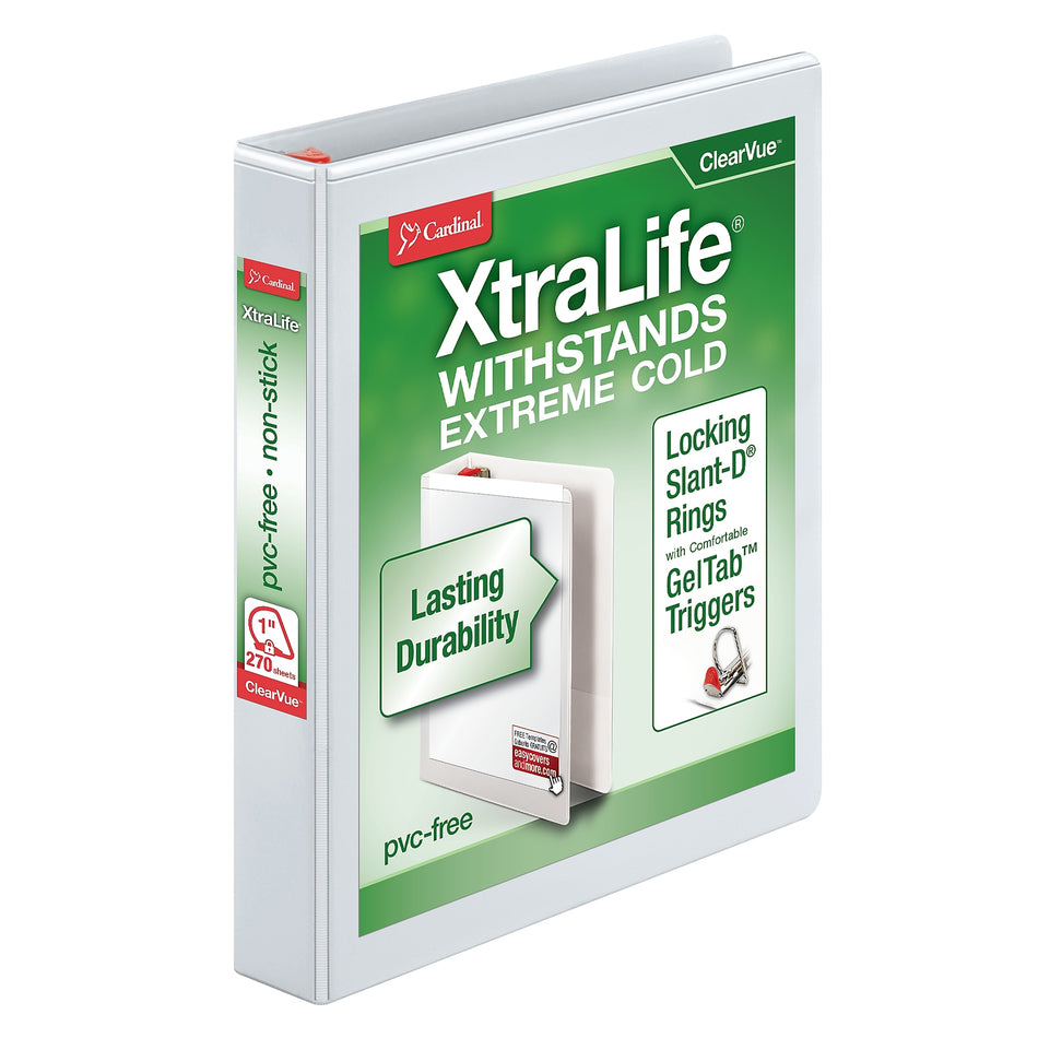 Cardinal XtraLife ClearVue Heavy Duty 1" 3-Ring View Binders, D-Ring, White