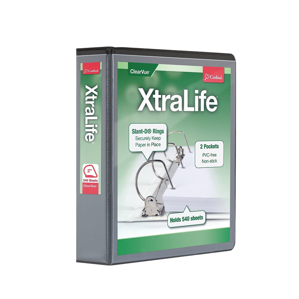 Cardinal XtraLife ClearVue Heavy Duty 2" 3-Ring Non-View Binders, D-Ring, Black