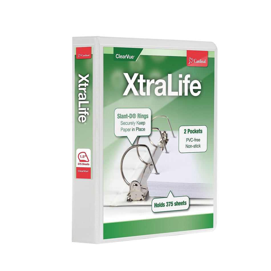 Cardinal XtraLife Heavy Duty 1 1/2" 3-Ring View Binders, D-Ring, White