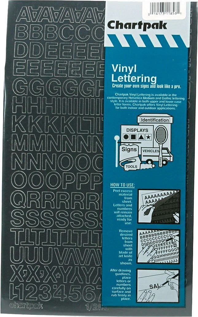 Chartpak Press-On Vinyl Uppercase Letters, 1/2" high, Helvetica, Black