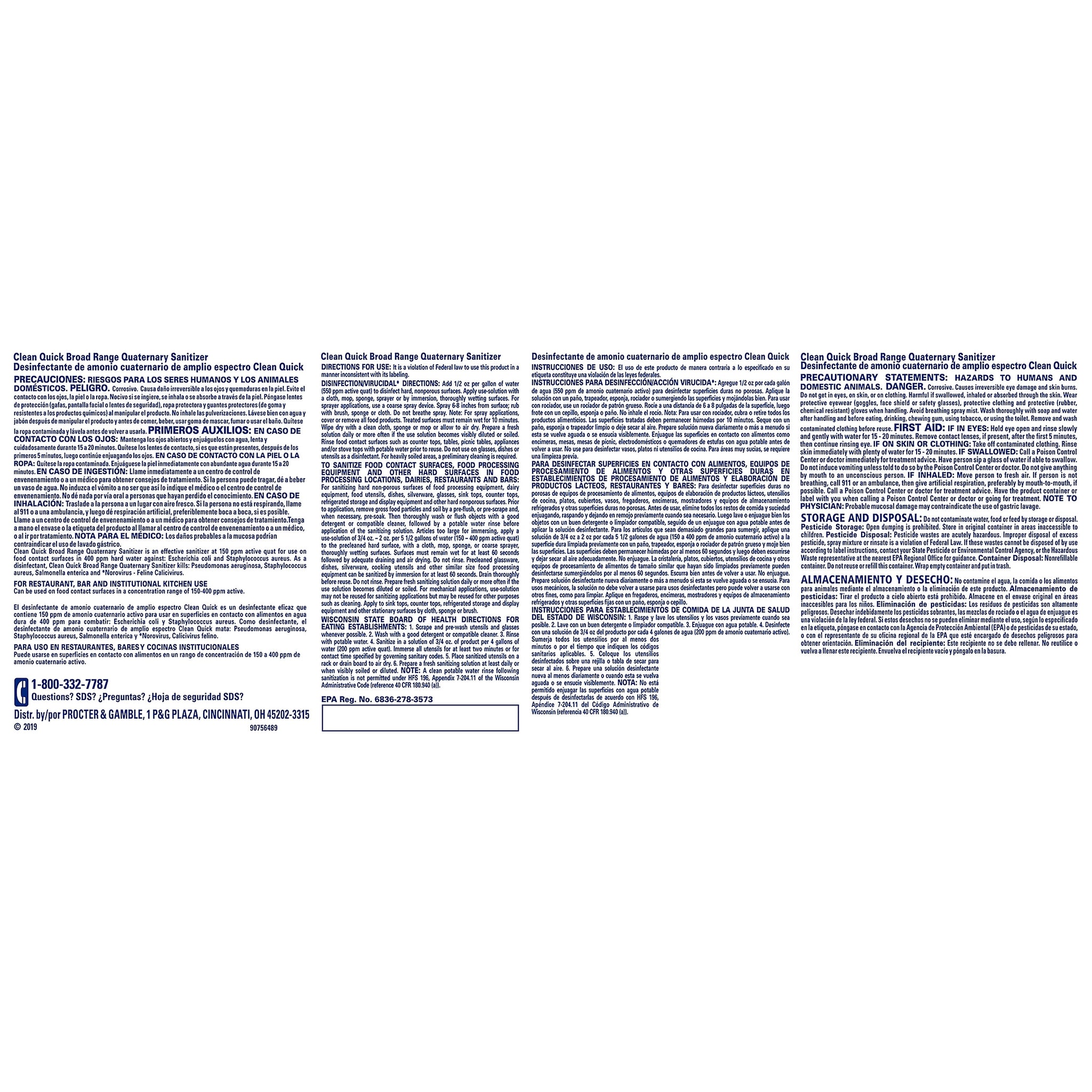 Clean Quick Broad Range Quaternary Sanitizer, Closed Loop, 1 Gallon, 3/Carton
