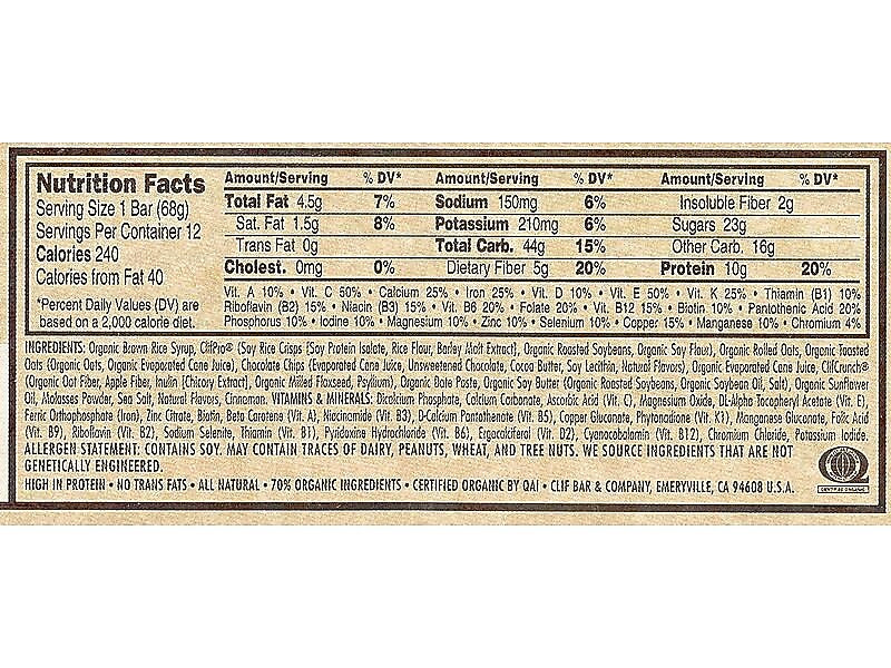 Clif Bar Chocolate Chip Energy Bar, 2.4 oz., 12 Bars/Box