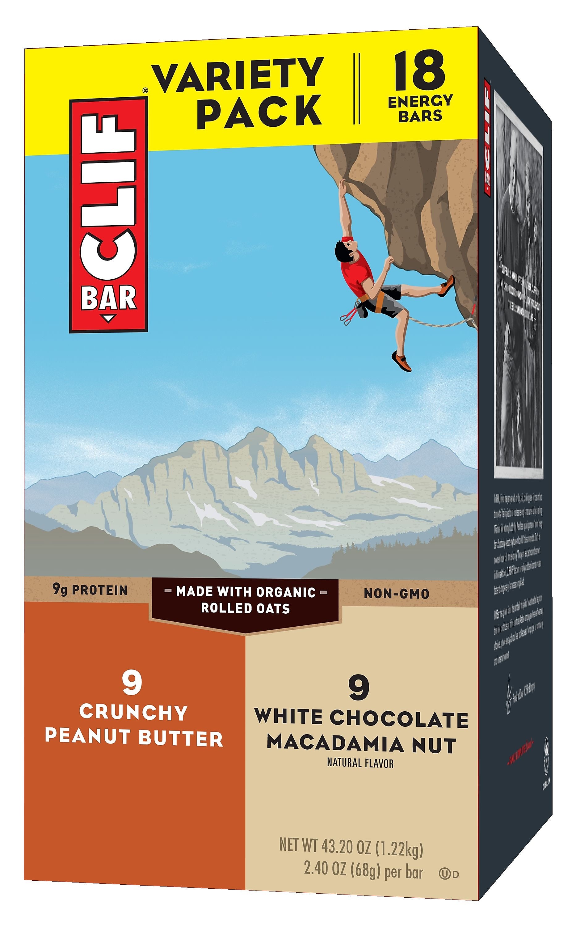 Clif Bar Crunchy Peanut Butter and White Chocolate Macadamia Nut Bar, Variety Pack, 43.2 oz, 18/Box