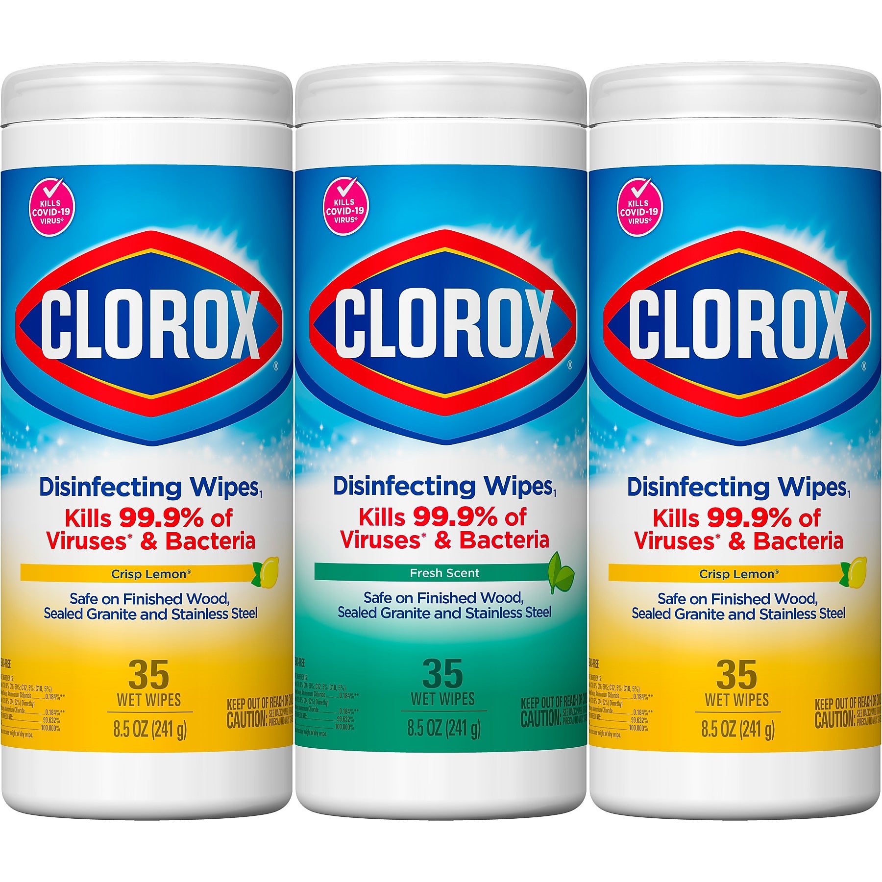 Clorox Disinfecting Wipes Value Pack, Fresh Scent and Crisp Lemon Scent, 35 Wipes/Canister, 3/Pack