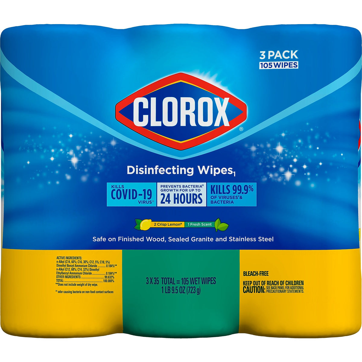 Clorox Disinfecting Wipes Value Pack, Fresh Scent and Crisp Lemon Scent, 35 Wipes/Canister, 3/Pack