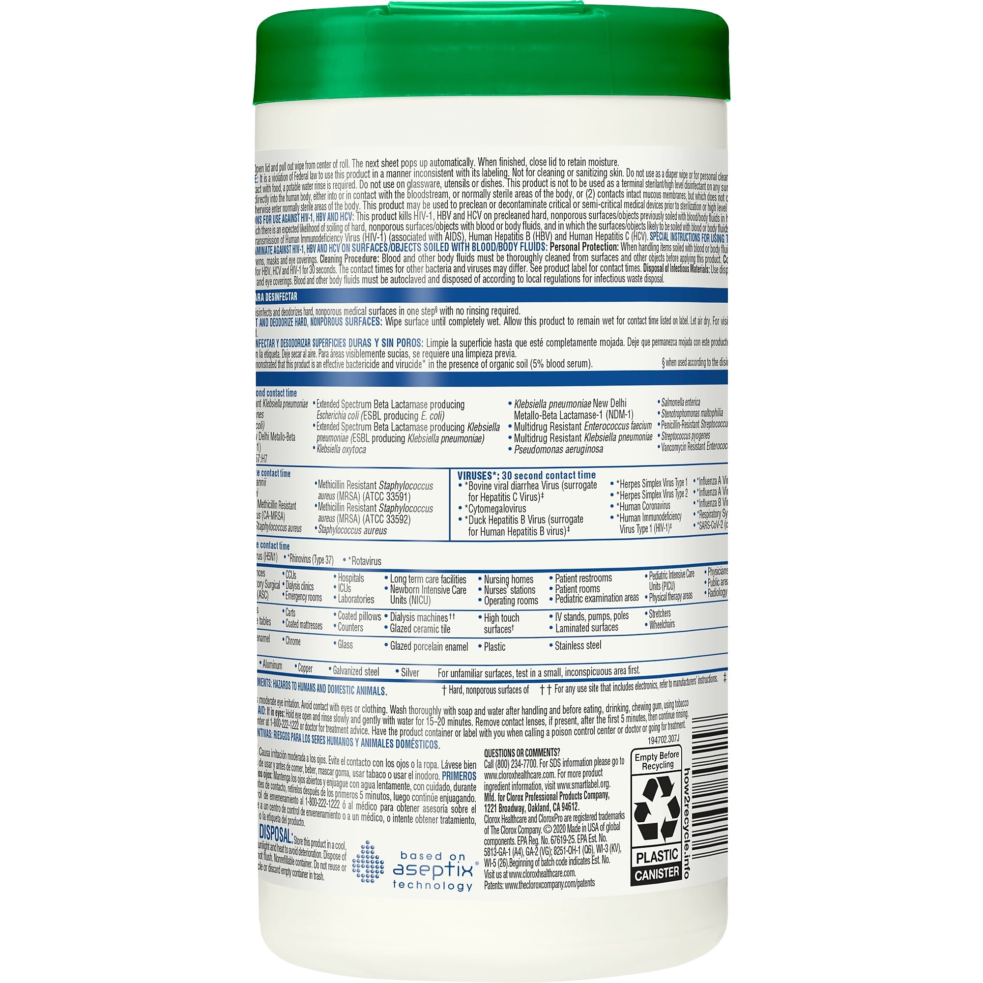 Clorox Healthcare Disinfecting Wipes, 155 Wipes/Container, 155/Pack