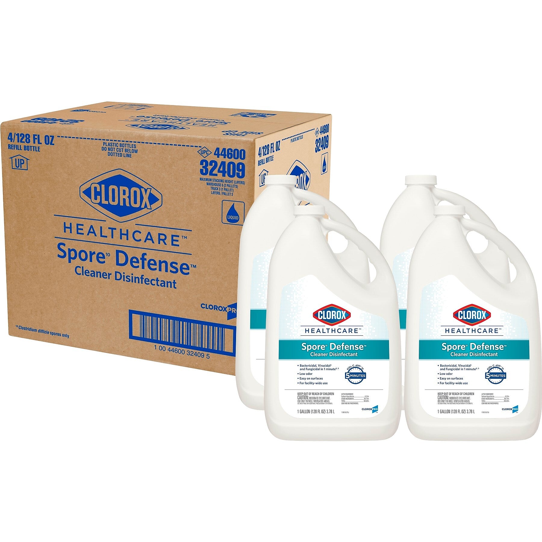 Clorox Healthcare Spore Defense Cleaner Disinfectant, Open System Refill Bottle, 128 Fl Oz, 4/Pack