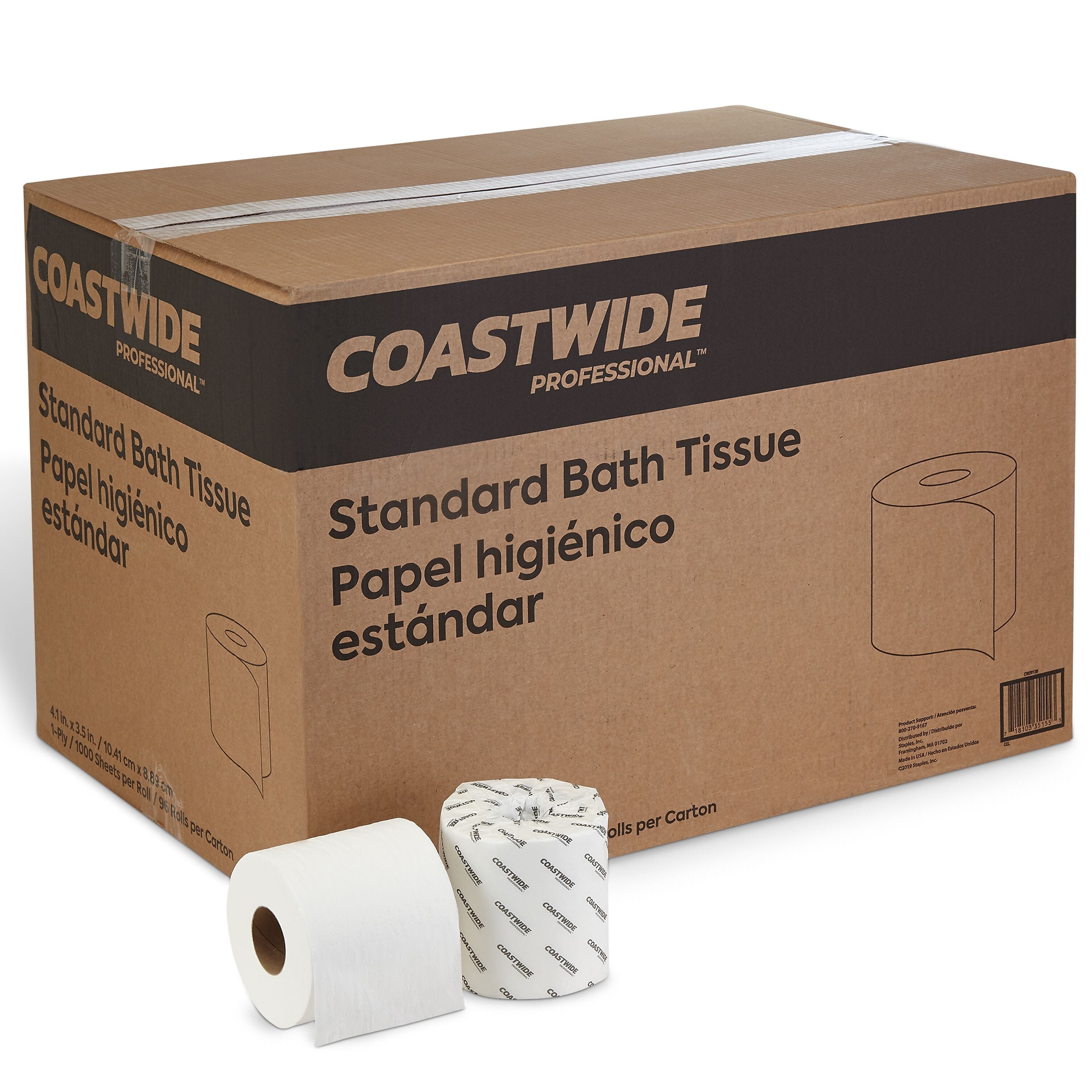 Coastwide Professional™ 1-Ply Standard Toilet Paper, White, 1000 Sheets/Roll, 96 Rolls/Carton