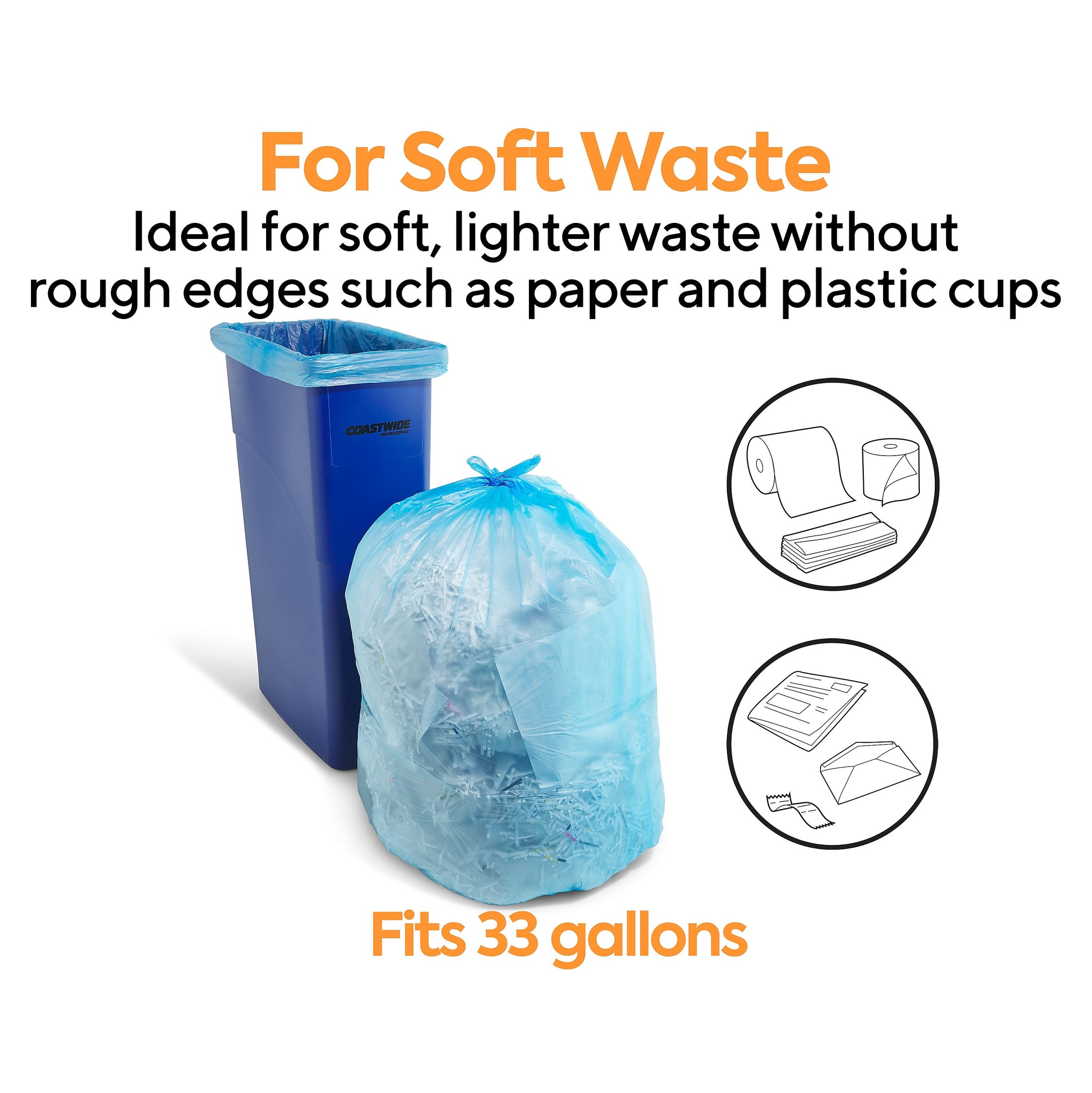 Coastwide Professional™ 33 Gal. Trash Bags, High Density, 14 Mic., Blue, 25 Bags/Roll, 10 Rolls