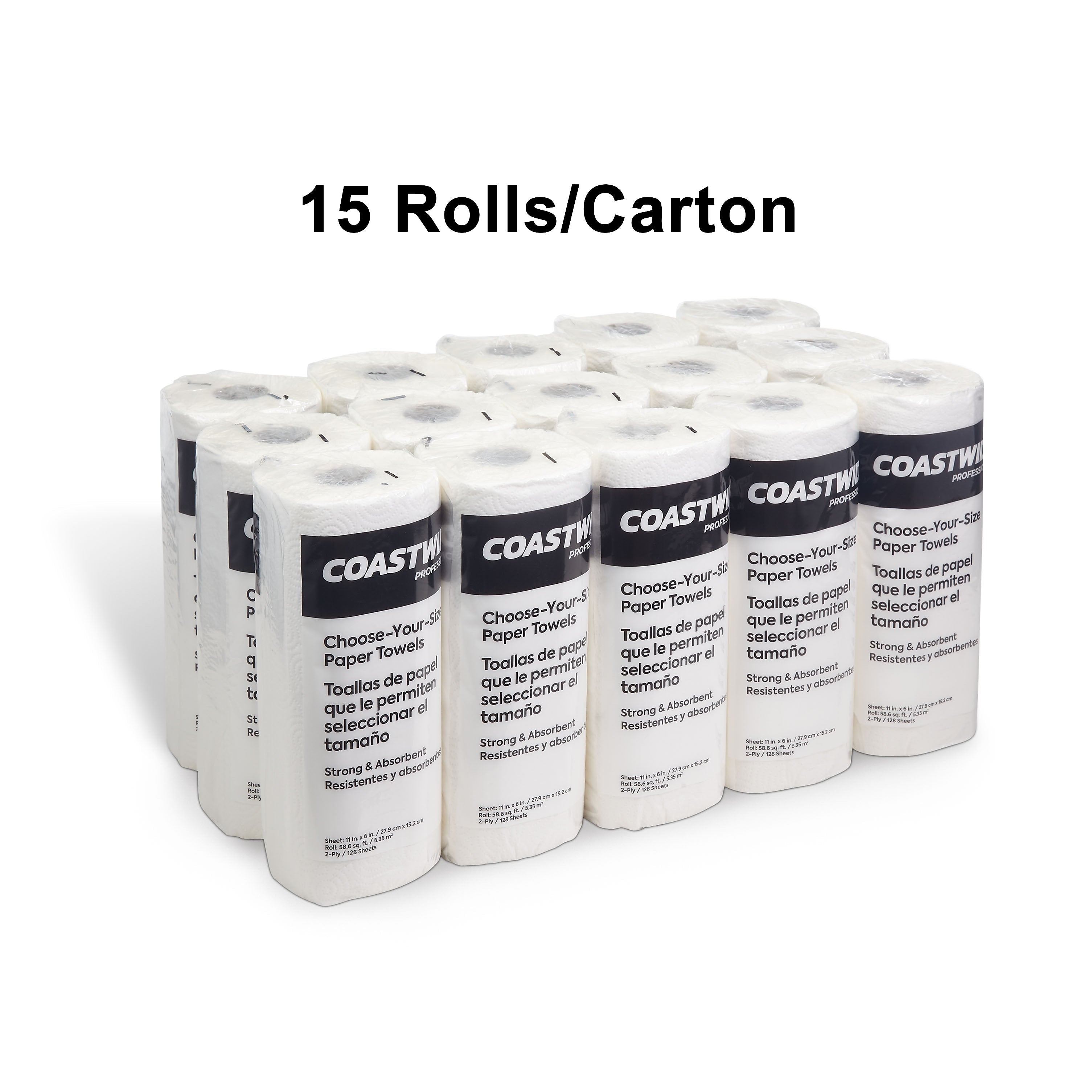 Coastwide Professional Choose-Your-Size Kitchen Rolls Paper Towel, 2-Ply, White, 128 Sheets/Roll, 15 Rolls/Carton