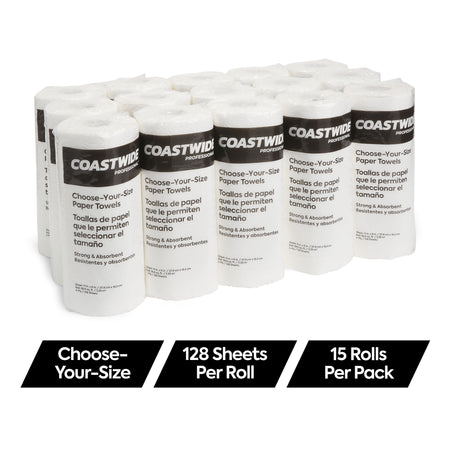 Coastwide Professional Choose-Your-Size Kitchen Rolls Paper Towel, 2-Ply, White, 128 Sheets/Roll, 15 Rolls/Carton