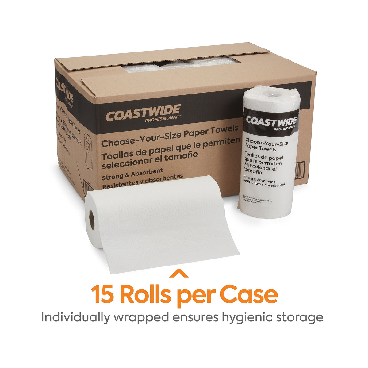 Coastwide Professional Choose-Your-Size Kitchen Rolls Paper Towel, 2-Ply, White, 128 Sheets/Roll, 15 Rolls/Carton