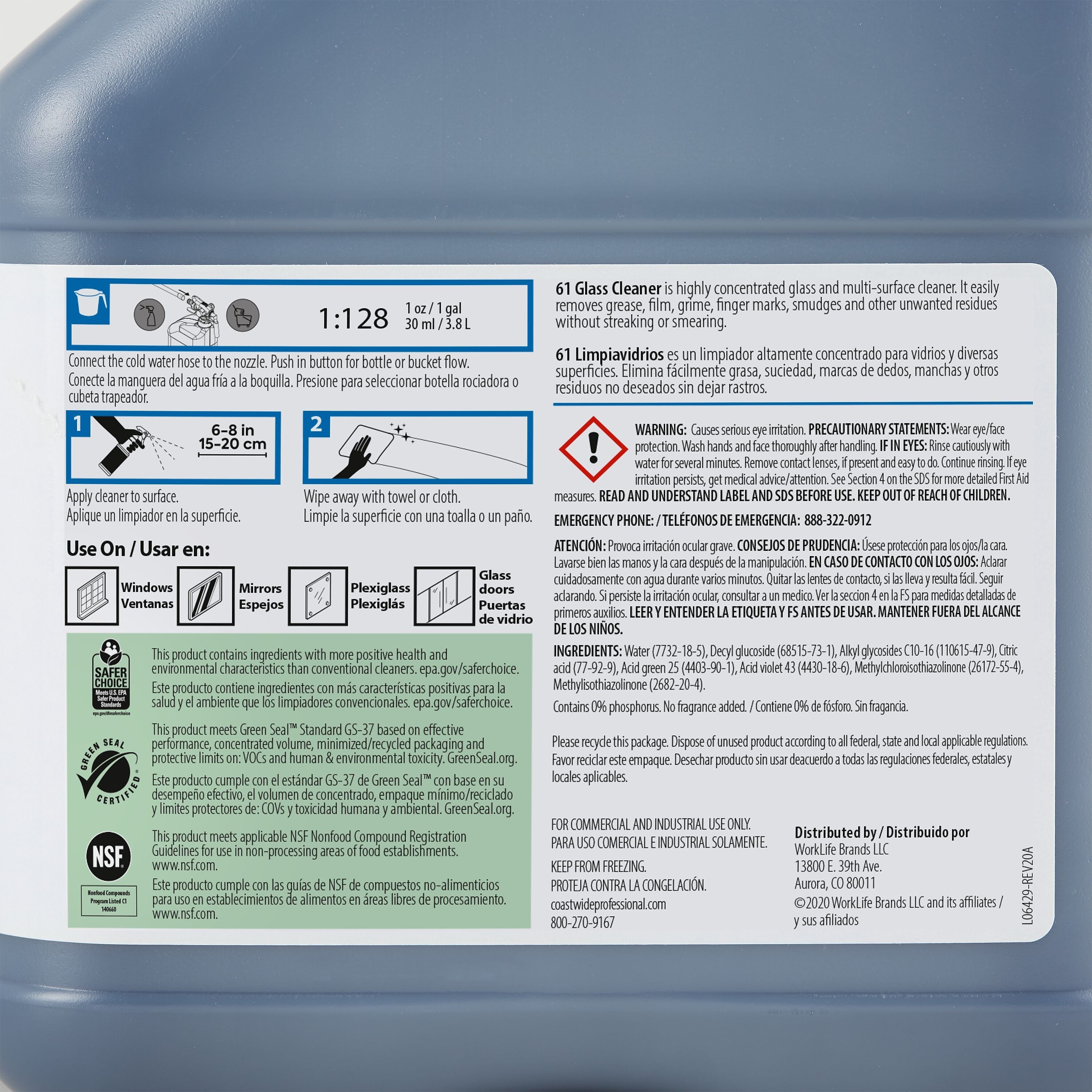 Coastwide Professional Glass Cleaner 61 Concentrate for EasyConnect, 3L, 2/Carton