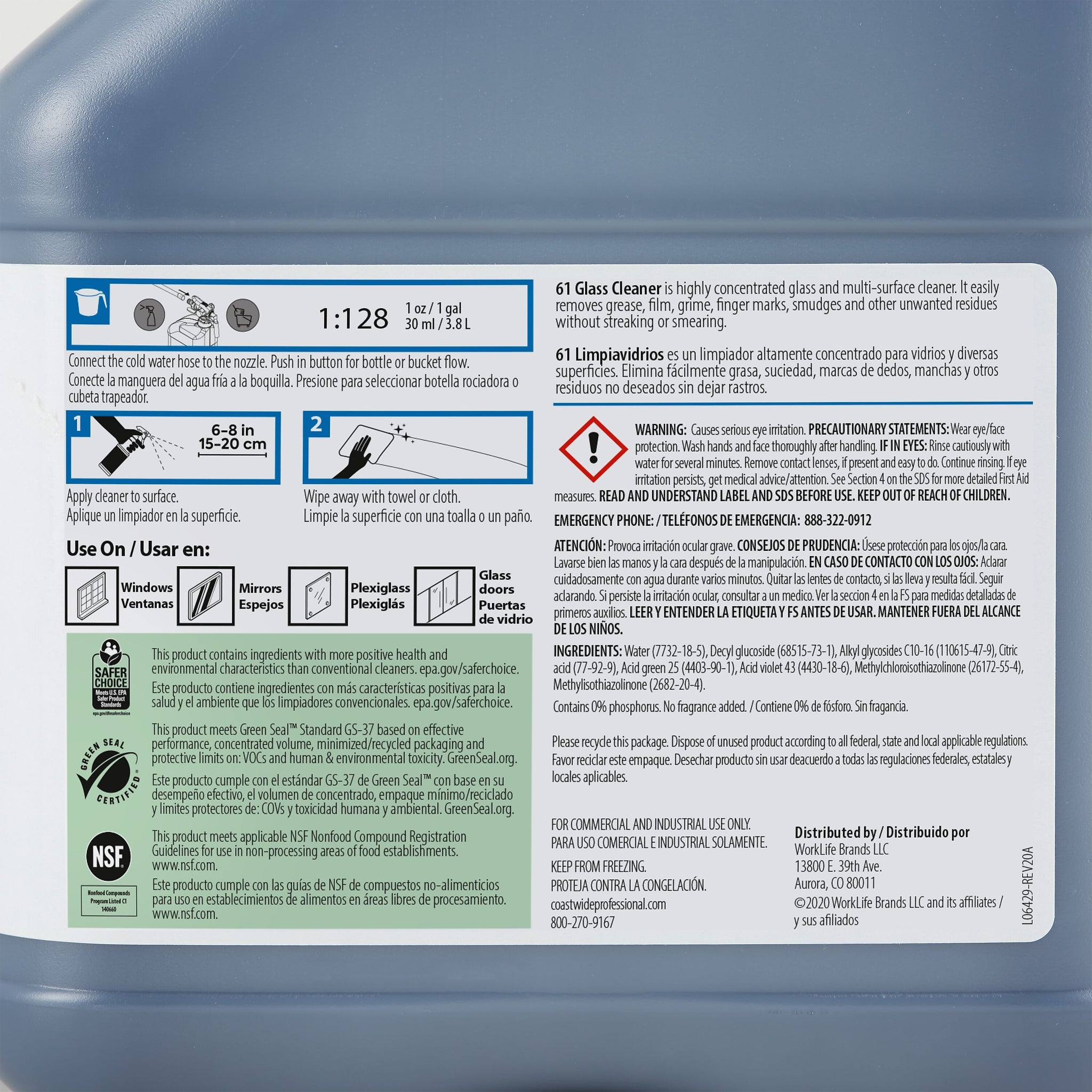 Coastwide Professional Glass Cleaner 61 Concentrate for EasyConnect, 3L, 2/Carton