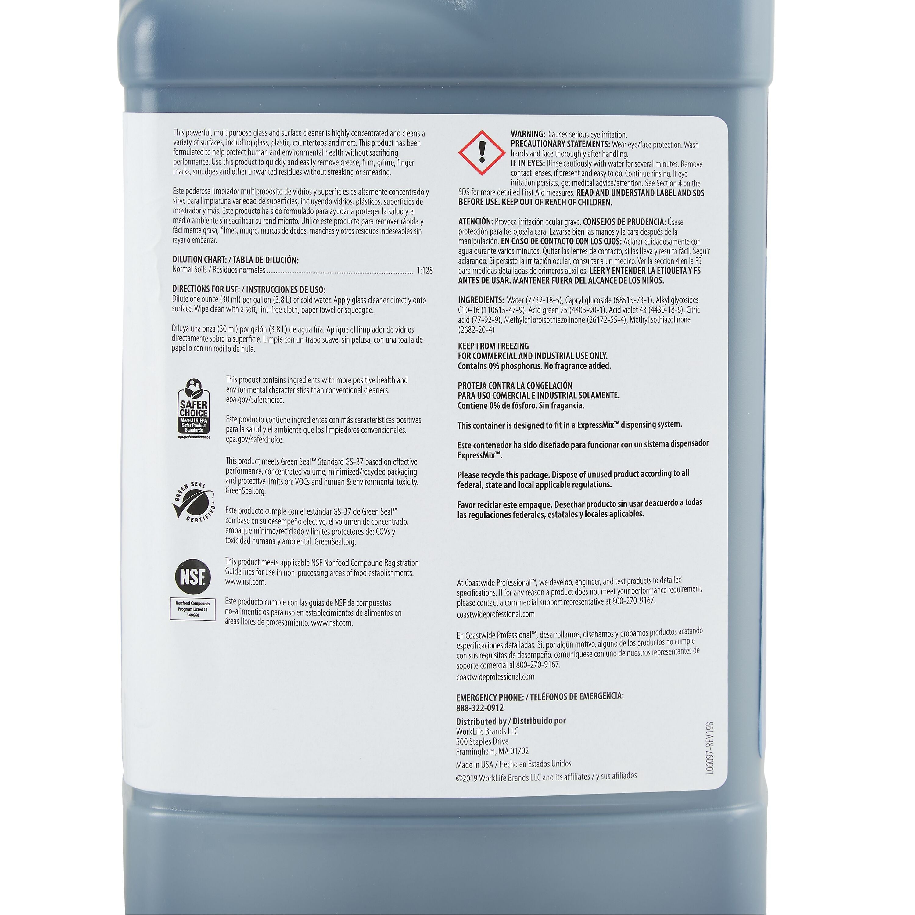 Coastwide Professional Glass Cleaner 61 Concentrate for ExpressMix, 3.25L, 2/Carton