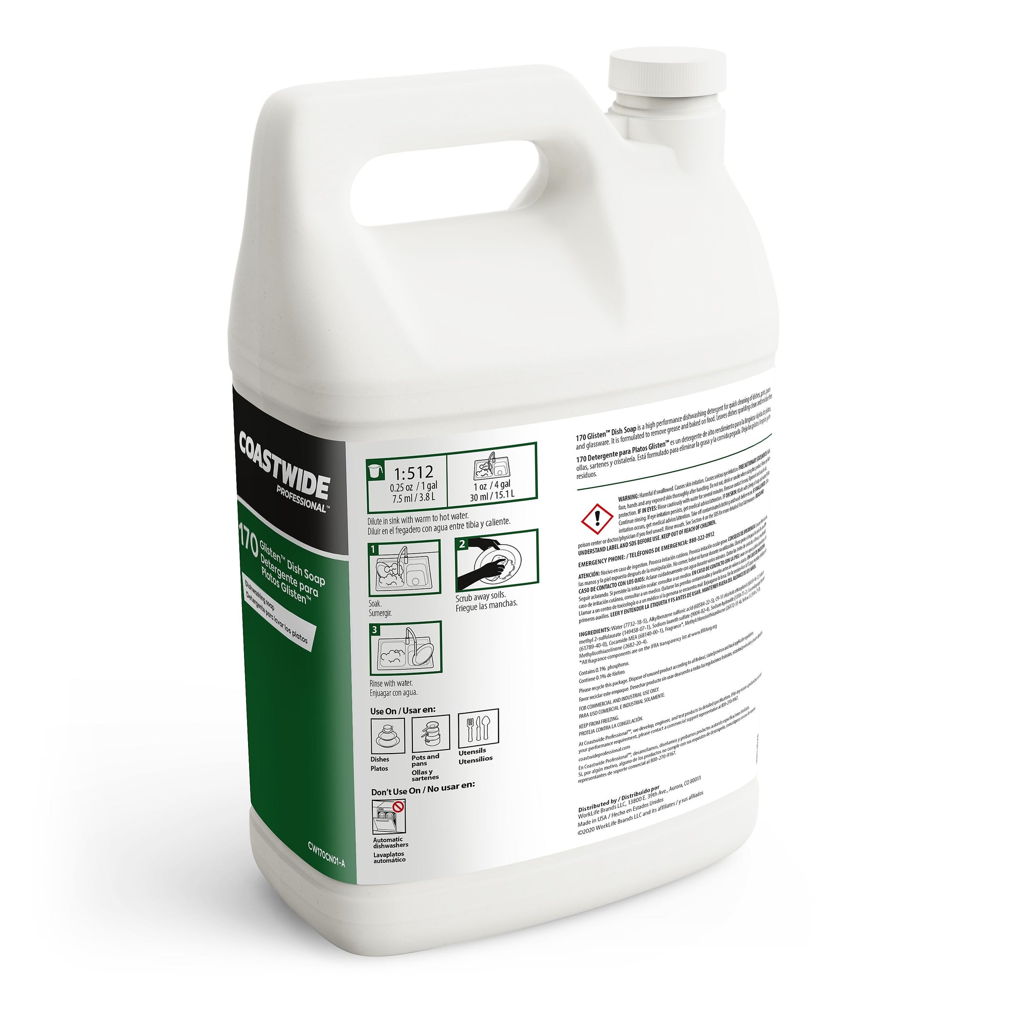 Coastwide Professional™ Glisten Liquid Dish Soap, Lemon, 128 oz., 4/Carton