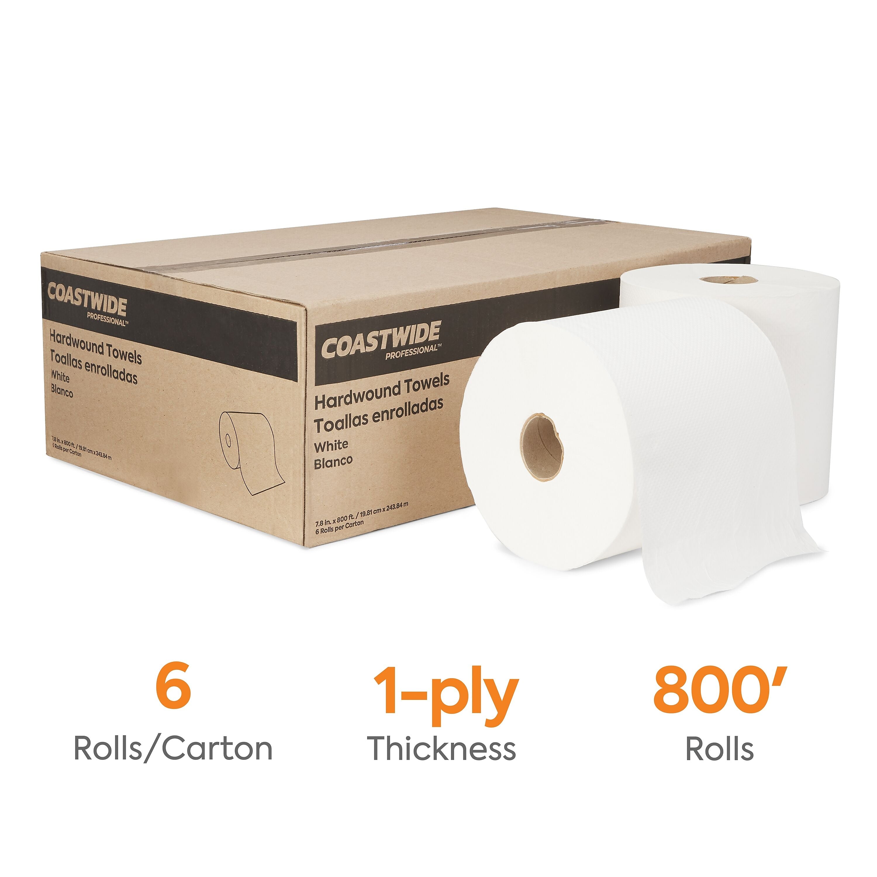 Coastwide Professional™ Hardwound Paper Towel, 1-Ply, White, 800'/Roll, 6 Rolls/Carton