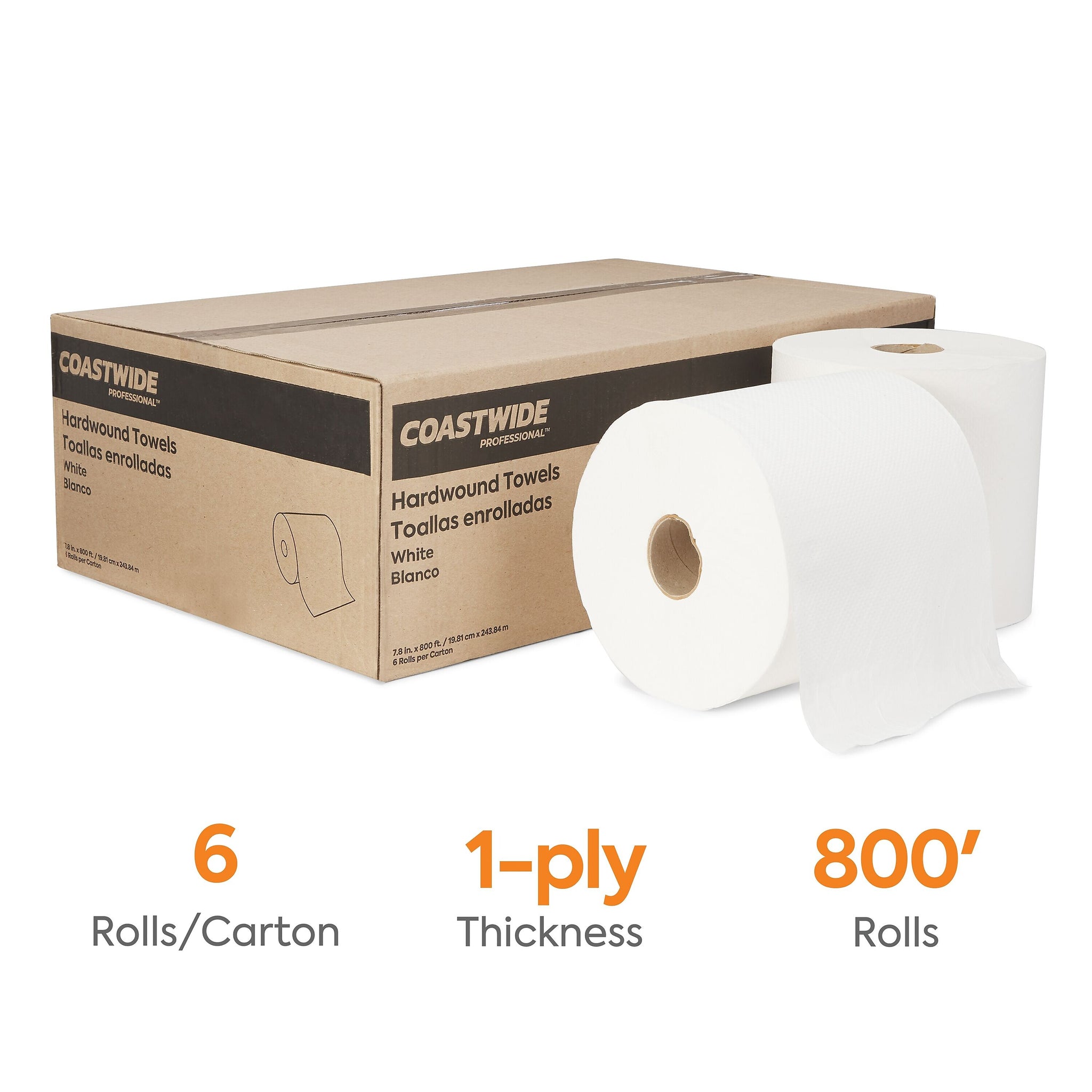 Coastwide Professional™ Hardwound Paper Towel, 1-Ply, White, 800'/Roll, 6 Rolls/Carton