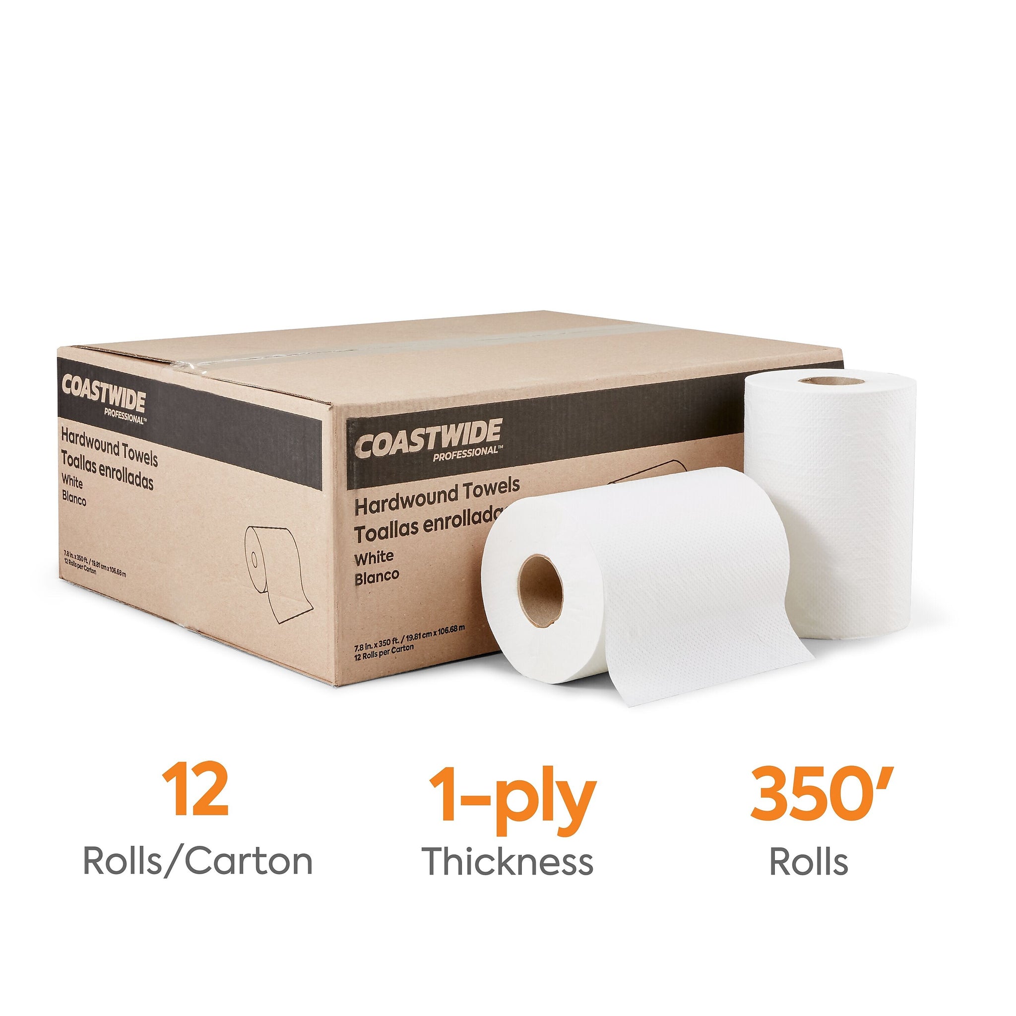 Coastwide Professional™ Hardwound Paper Towels, 1-Ply, 350 ft./Roll, 12 Rolls/Carton