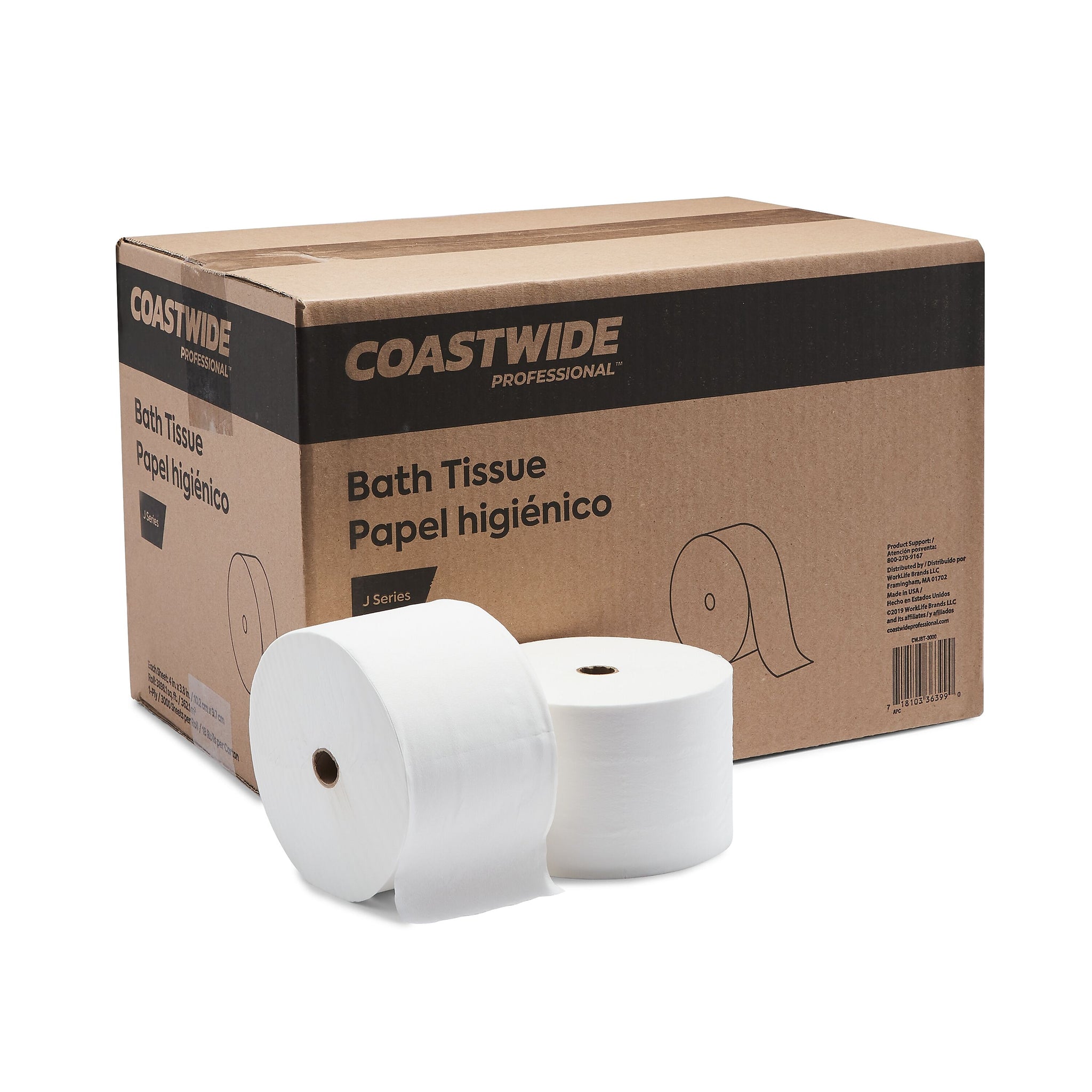 Coastwide Professional™ J-Series 1-Ply Small Core Bath Tissue, White, 3000 Sheets/Roll, 18 Rolls/Carton