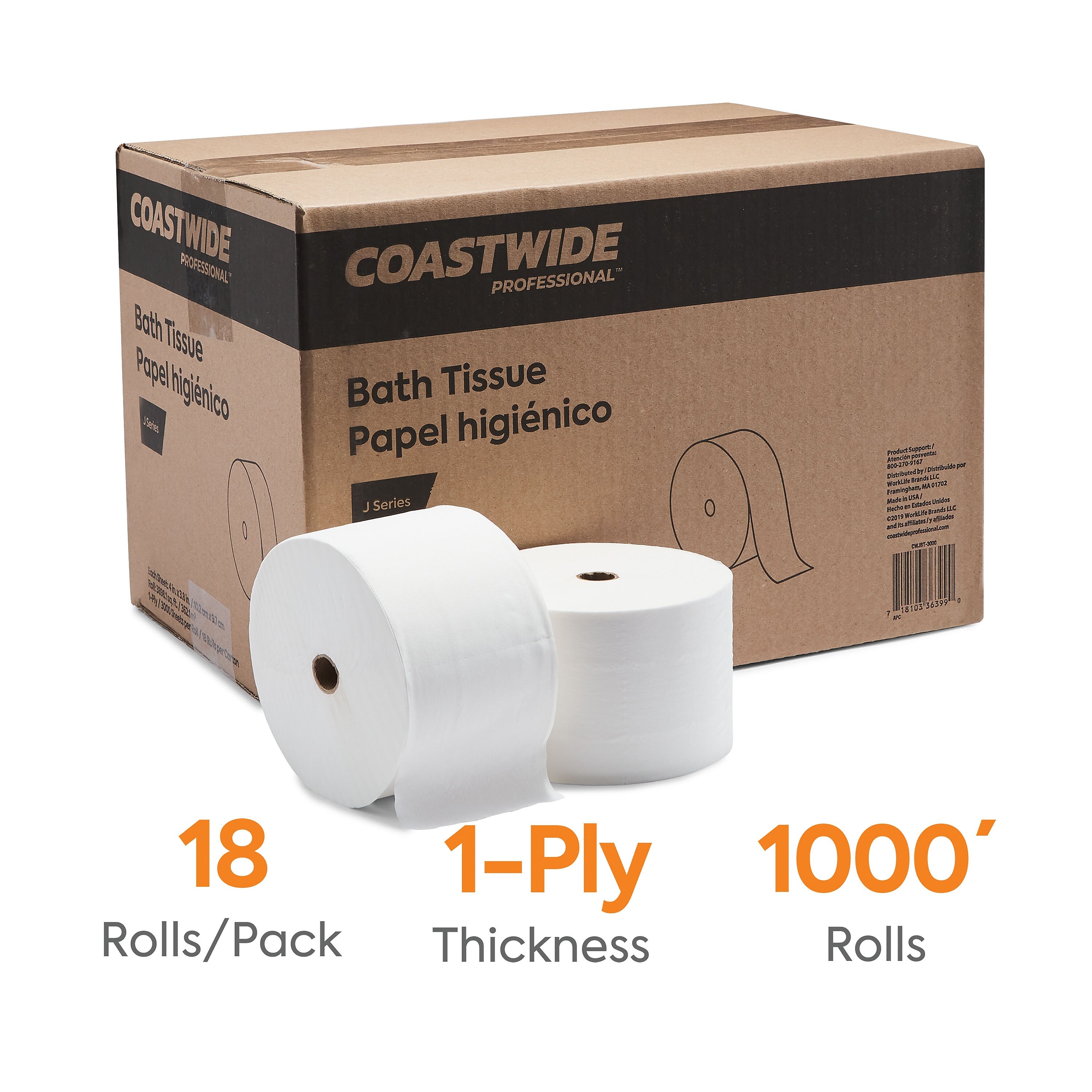 Coastwide Professional™ J-Series 1-Ply Small Core Bath Tissue, White, 3000 Sheets/Roll, 18 Rolls/Carton
