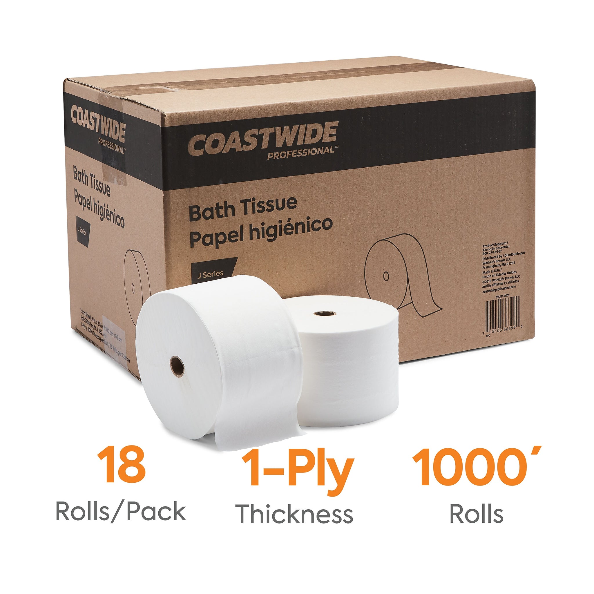 Coastwide Professional™ J-Series 1-Ply Small Core Bath Tissue, White, 3000 Sheets/Roll, 18 Rolls/Carton
