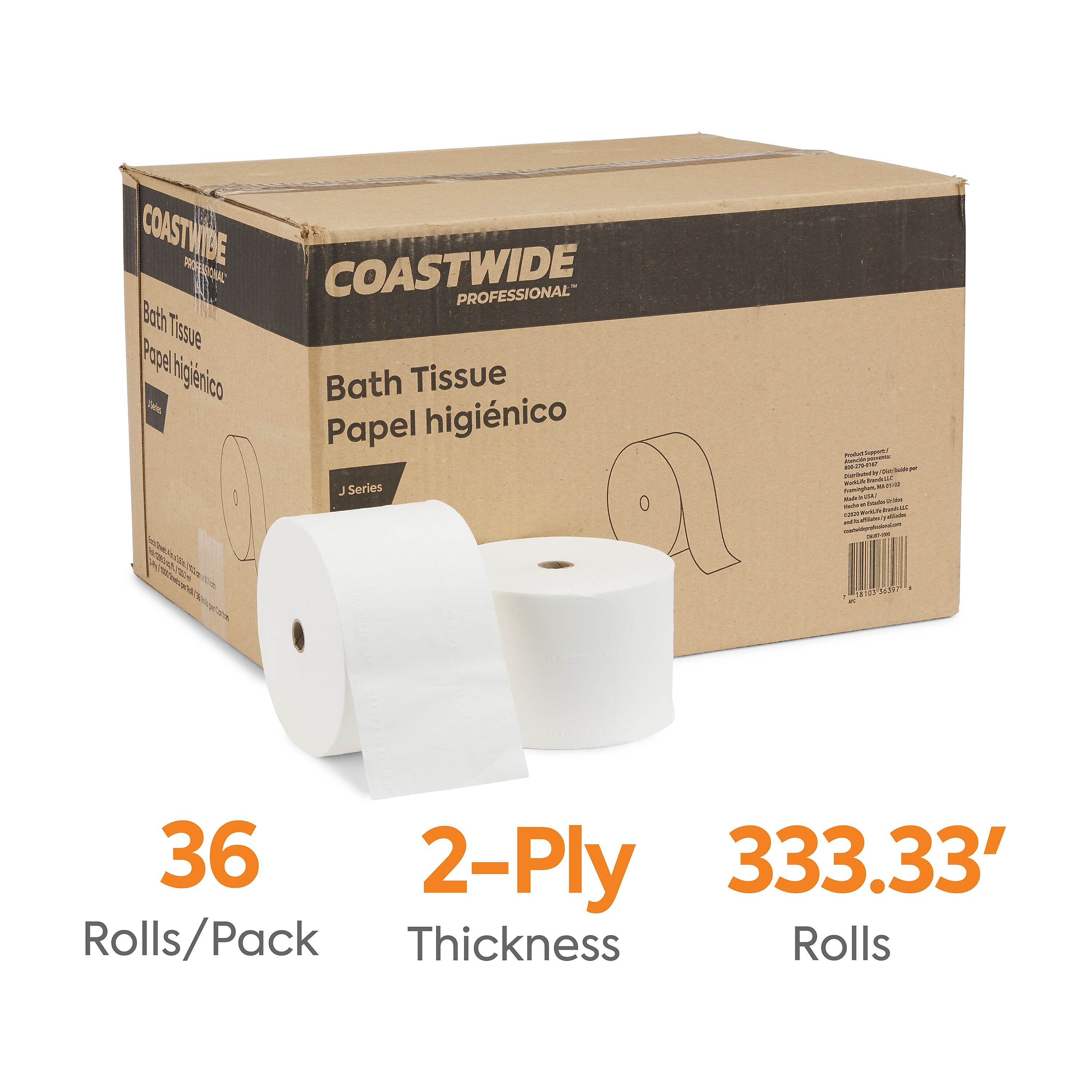 Coastwide Professional™ J-Series 2-Ply Small Core Bath Tissue, White, 1000 Sheets/Roll, 36 Rolls/Carton