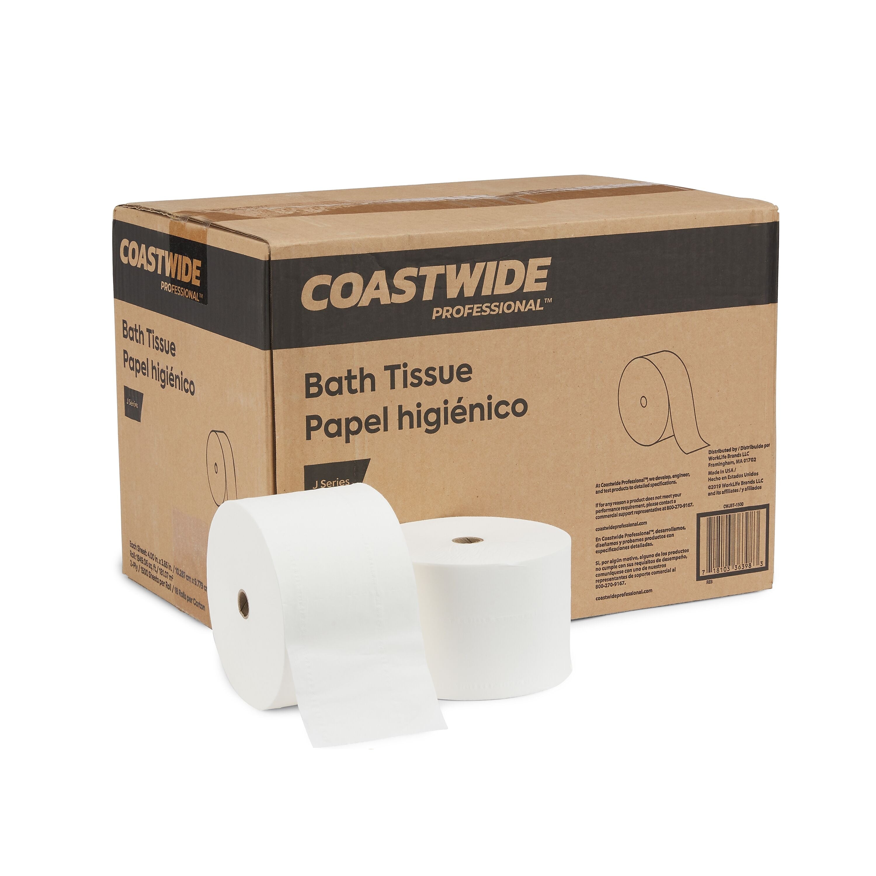 Coastwide Professional™ J-Series 2-Ply Small Core Bath Tissue, White, 1500 Sheets/Roll, 18 Rolls/Carton