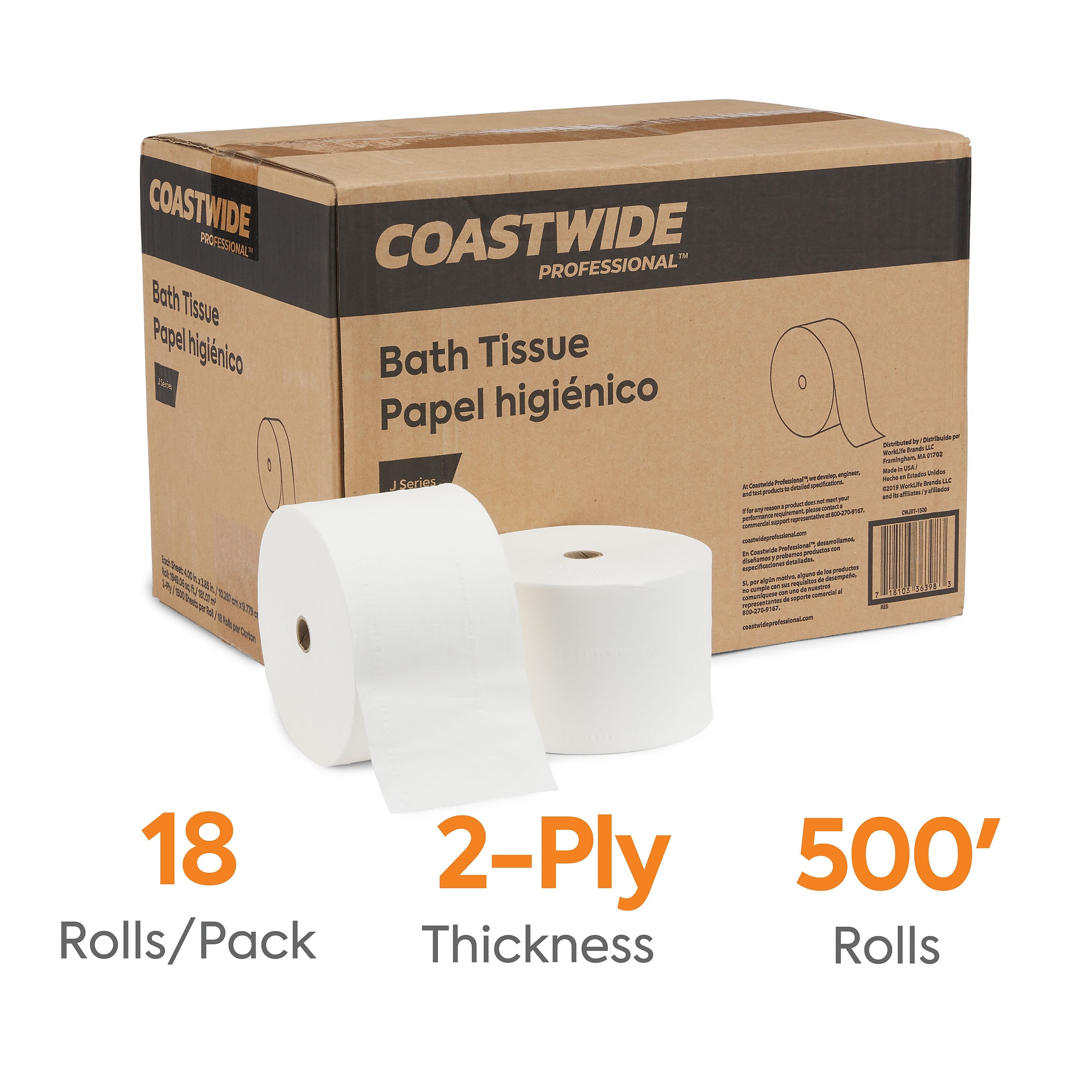 Coastwide Professional™ J-Series 2-Ply Small Core Bath Tissue, White, 1500 Sheets/Roll, 18 Rolls/Carton