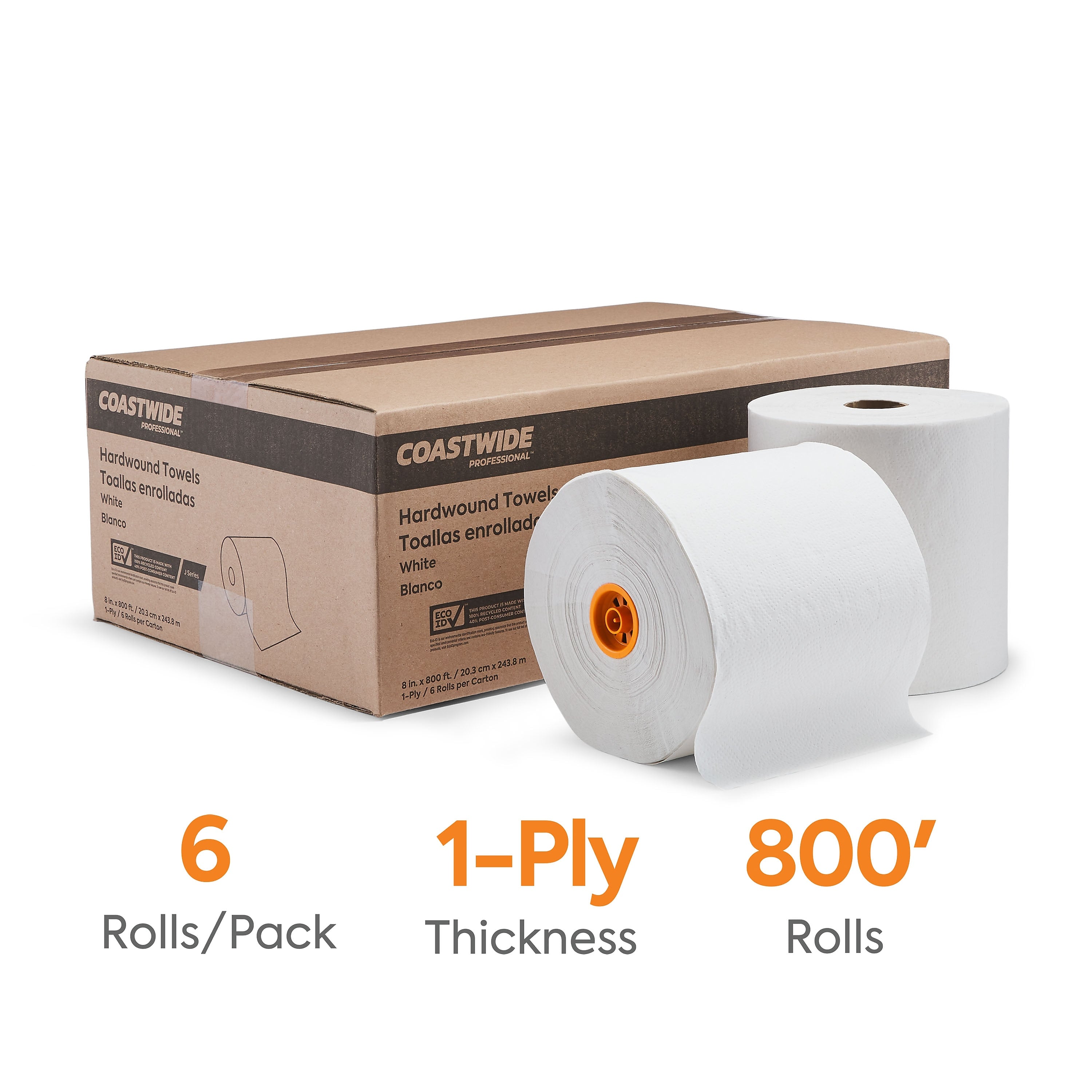 Coastwide Professional™ J-Series Recycled Hardwound Paper Towels, 1-ply, 800 ft./Roll, 6 Rolls/Carton